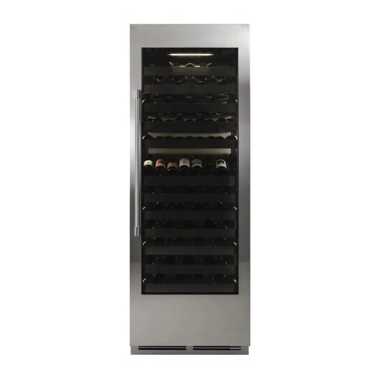 Stainless wine cooler with front glass door, dark racks, and wine bottles