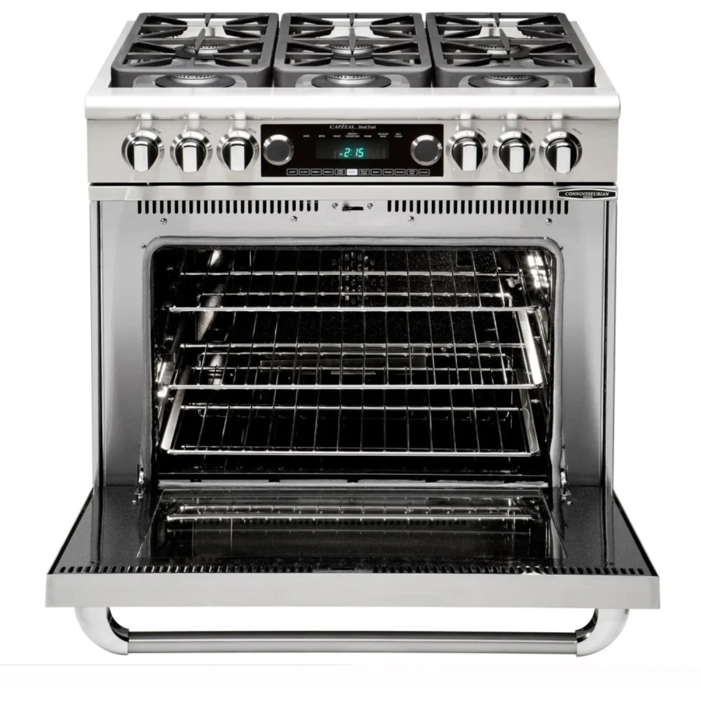 Dual fuel range with open stainless oven door and wire oven rack