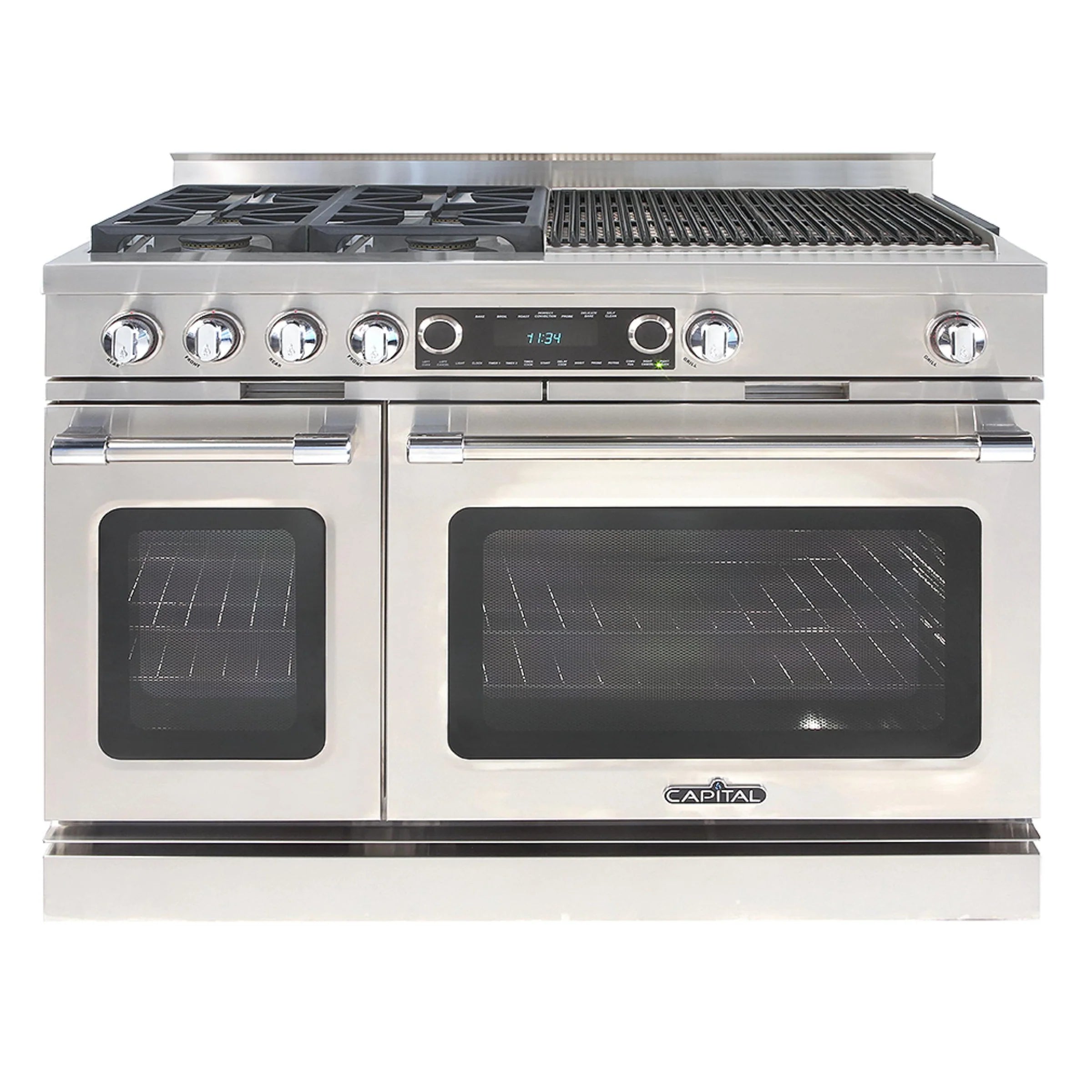 Stainless steel dual fuel range front with four sealed burners and two oven doors
