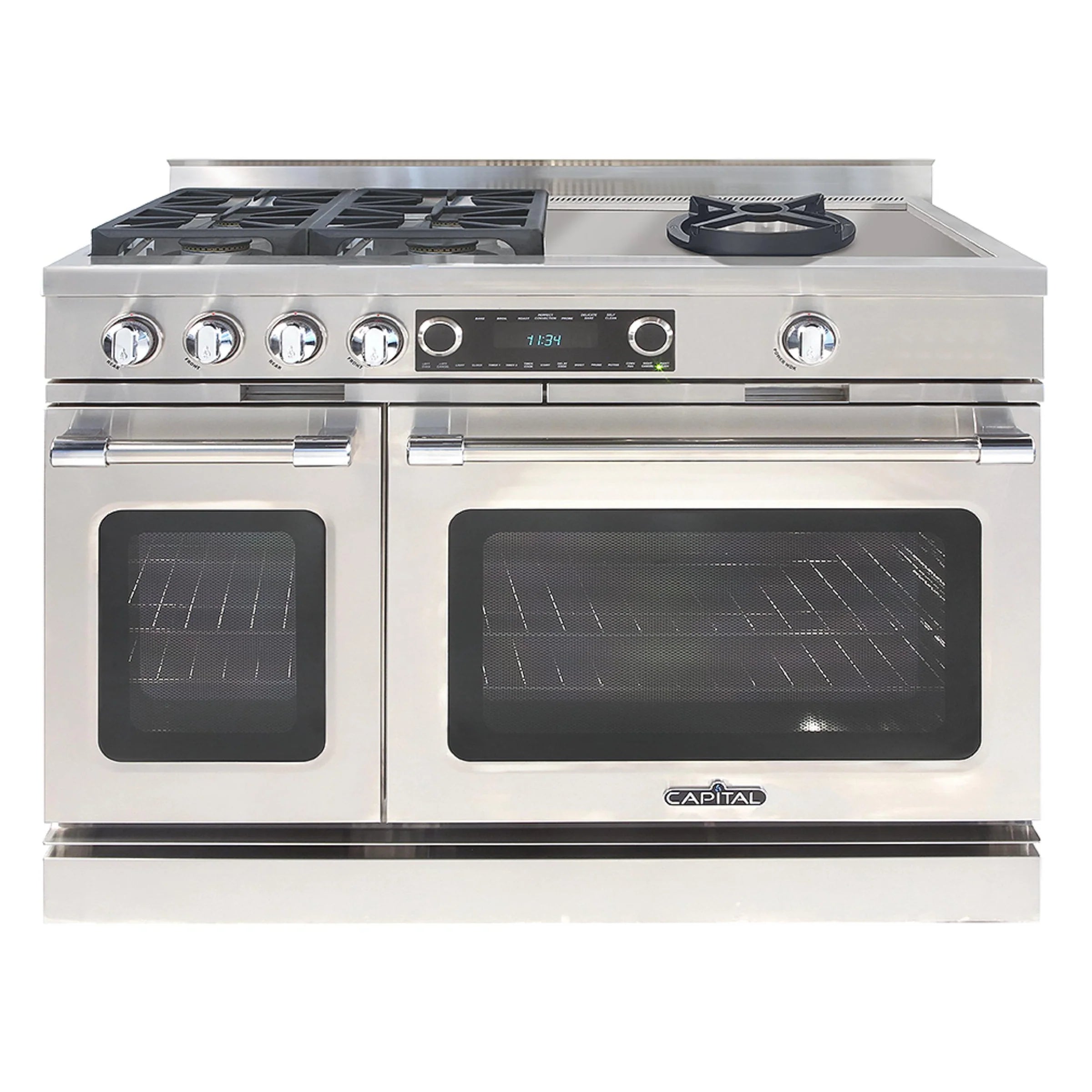 Stainless steel dual fuel range with four sealed burners and two oven doors