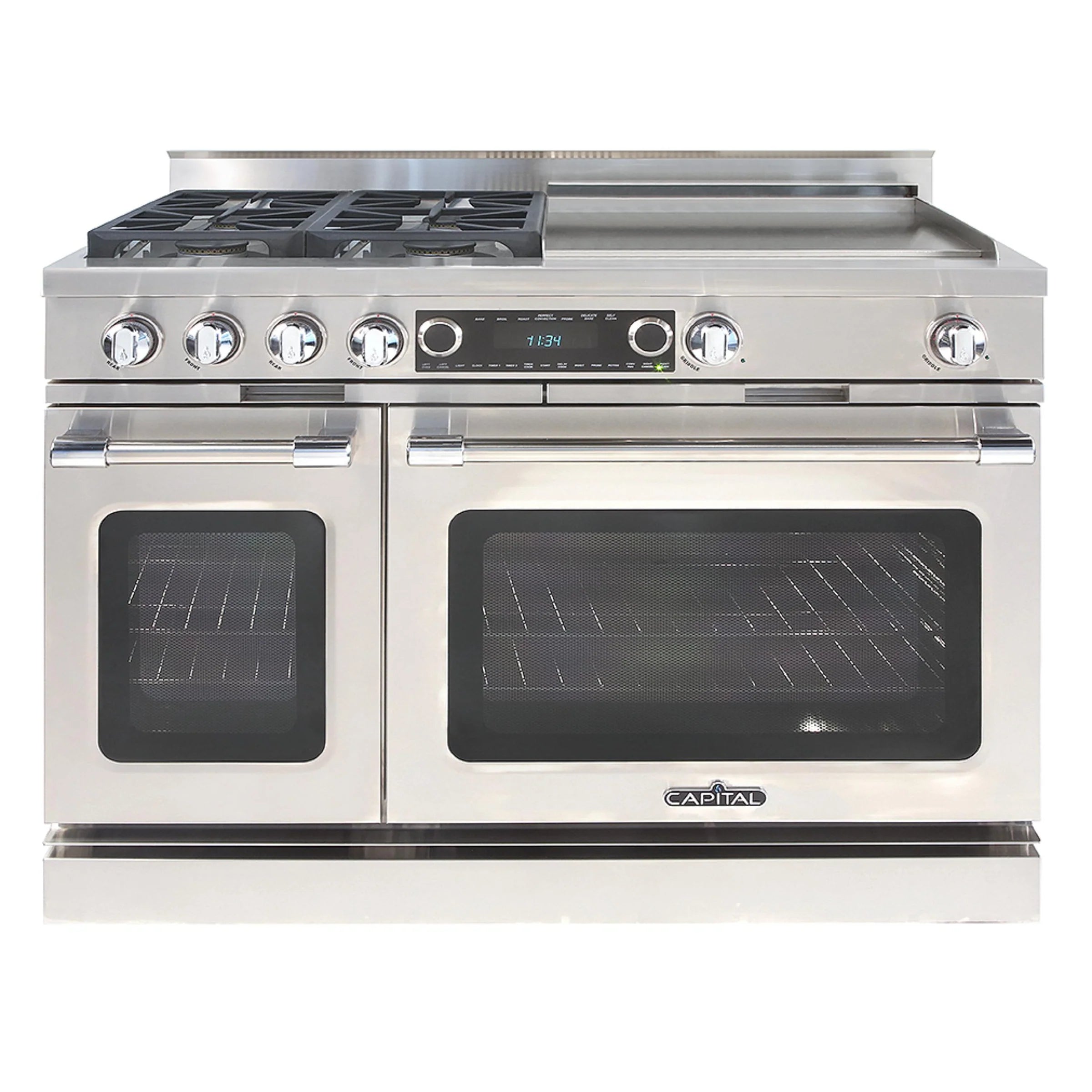 Freestanding dual fuel range stainless front with burners and double oven doors