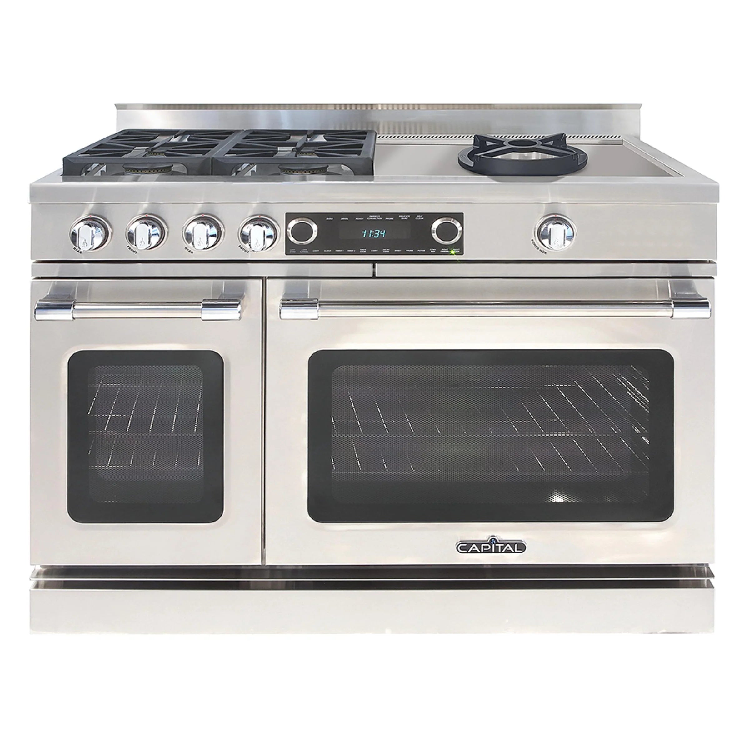 Stainless steel dual fuel range with four sealed burners and two oven doors