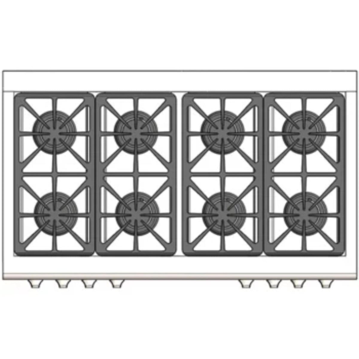 Stainless steel dual fuel range cooktop with four burner grates
