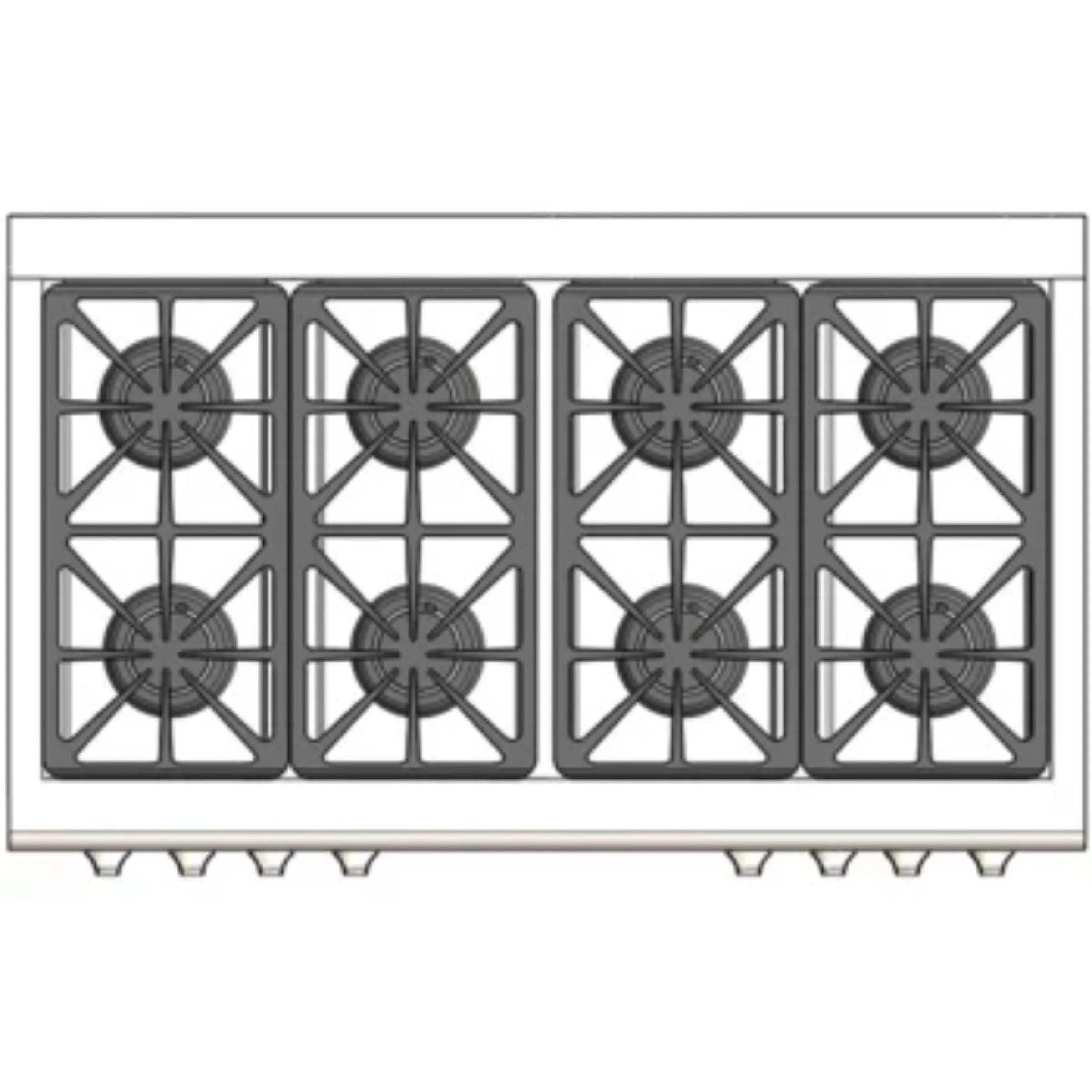 Stainless steel range top with burner grates arranged four-by-two across