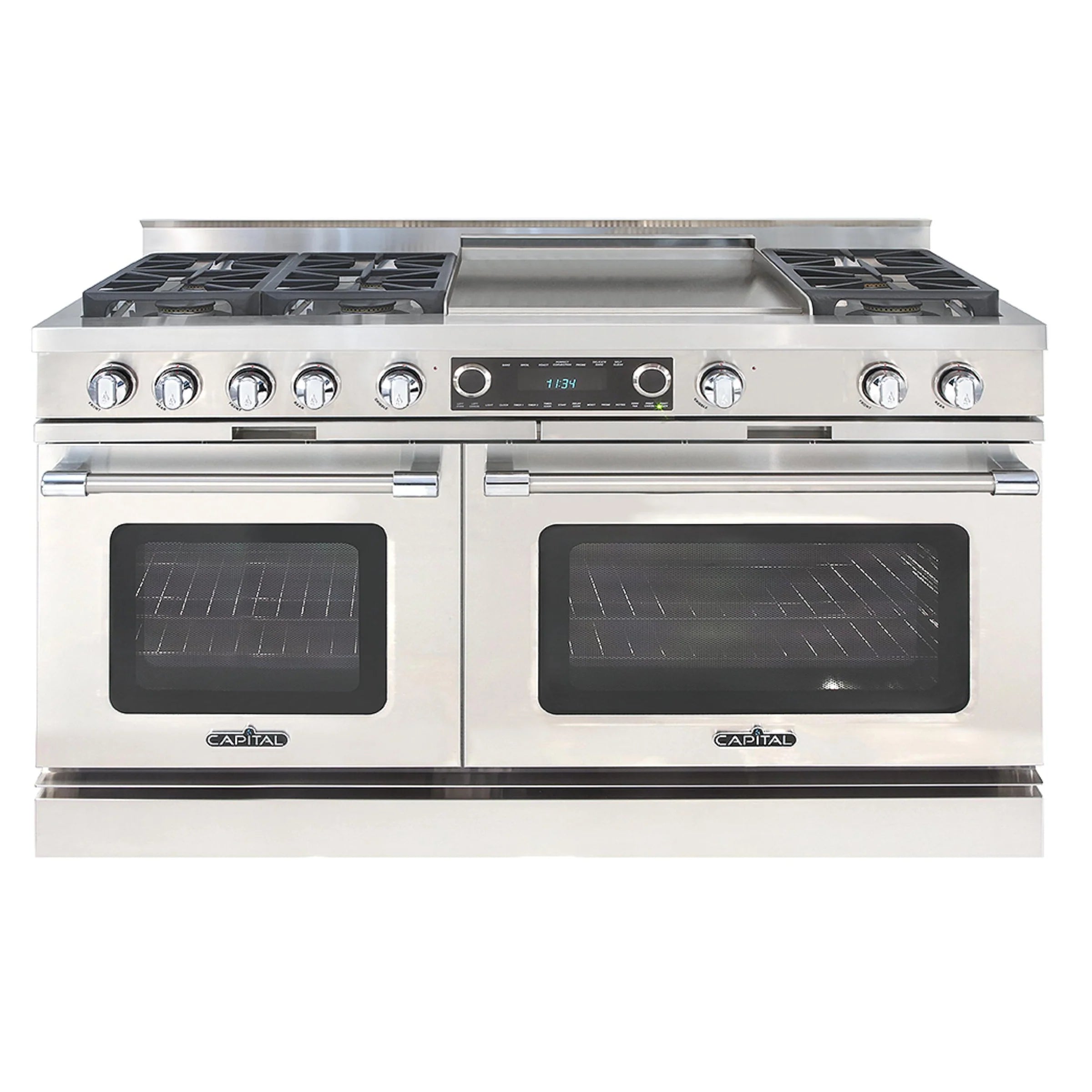 Stainless steel dual fuel range with 6 sealed burners and griddle, front view