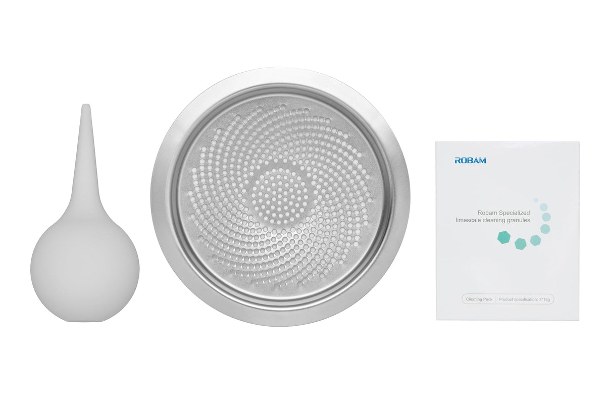 ROBAM accessories: perforated steam tray, gray water bulb, and booklet with instructions