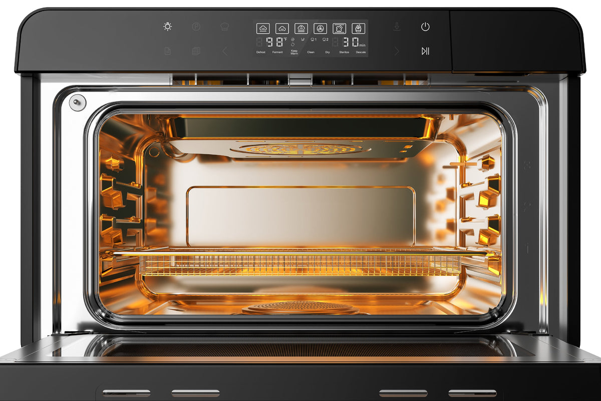 ROBAM combi steam oven open interior view with heating elements and orange lighting
