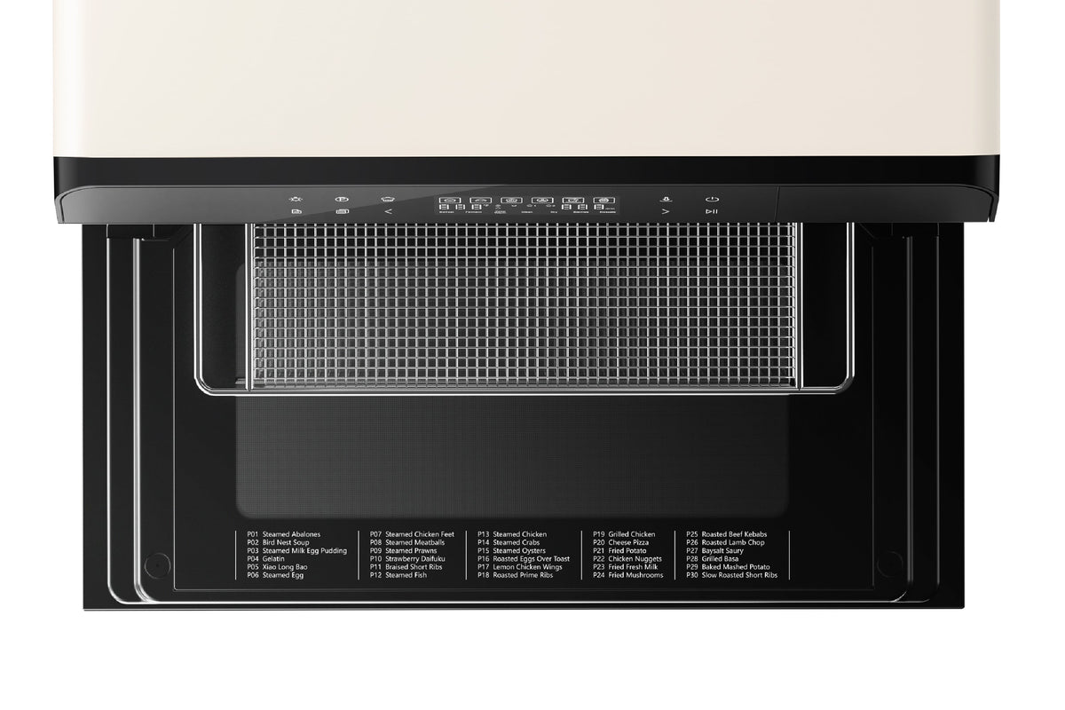 ROBAM combi steam oven cavity with perforated tray and dark interior walls