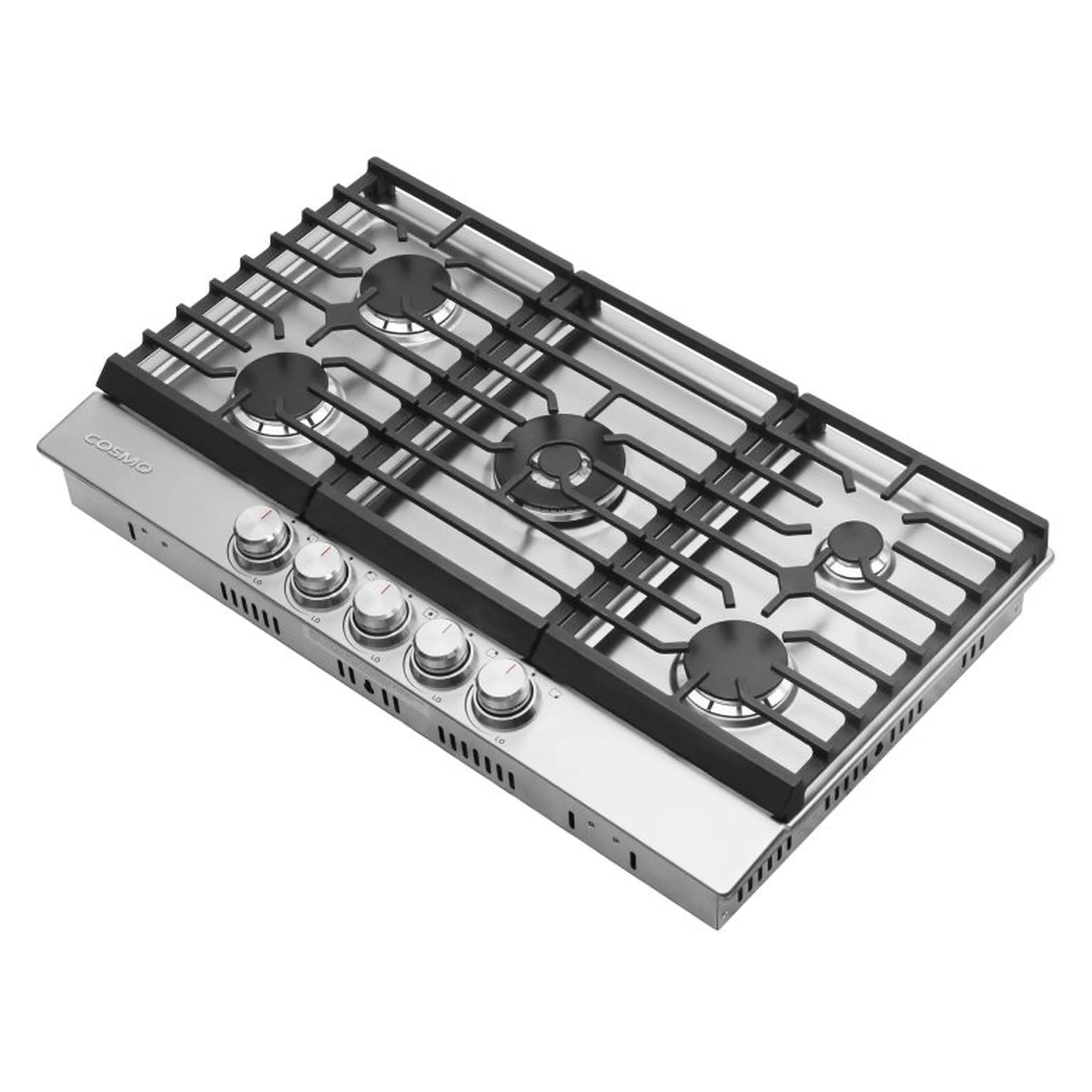 Stainless steel gas cooktop angled view with 5 burners, black grate and control knobs