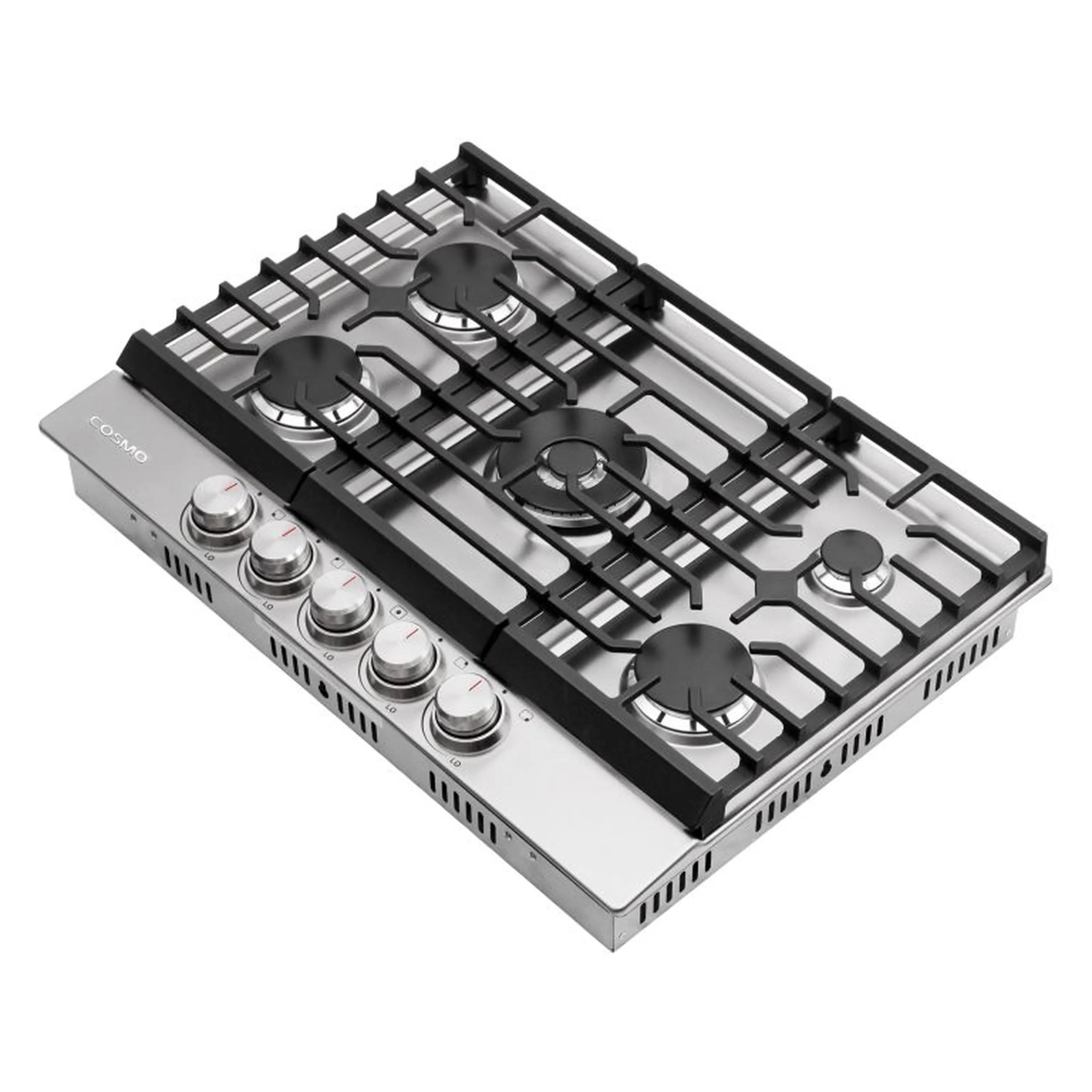 Stainless steel gas cooktop with black grates, five burners, and four stainless knobs