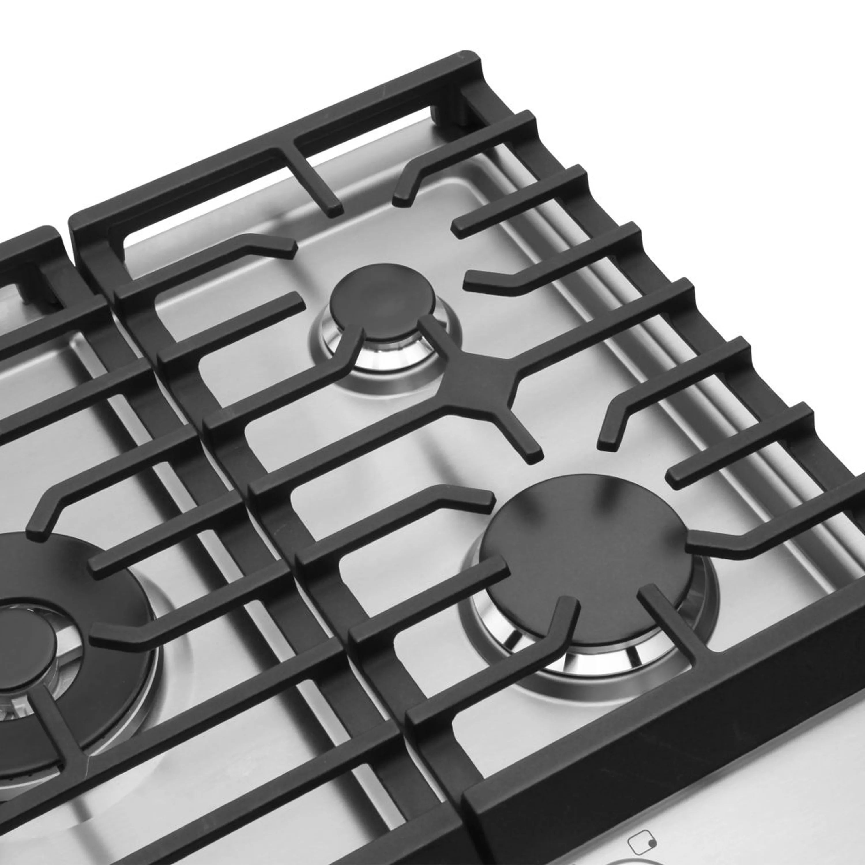 Stainless steel gas cooktop burner with black grate and flame-ring burner cap detail