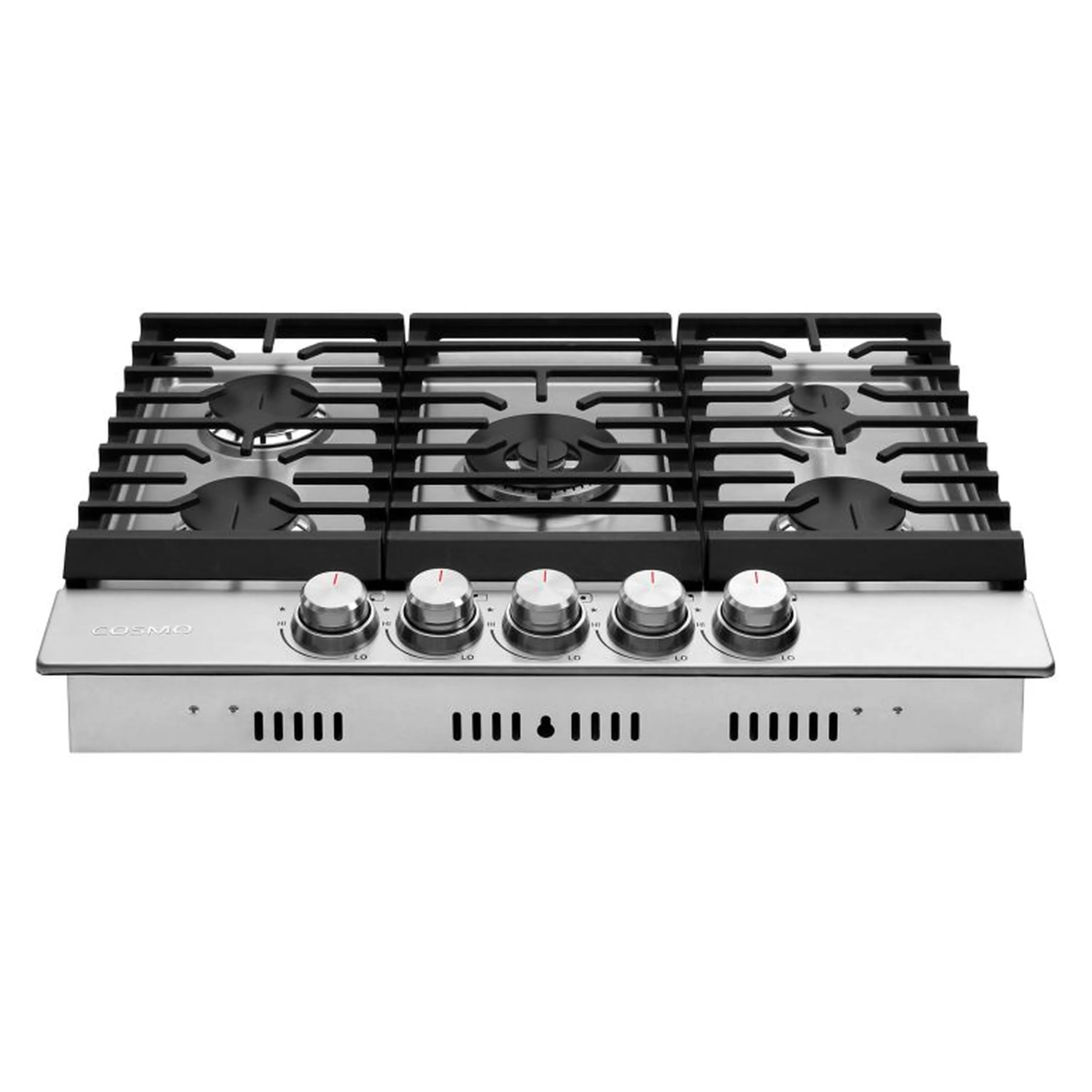 Stainless steel gas cooktop with black grate, five burners, and four front knobs