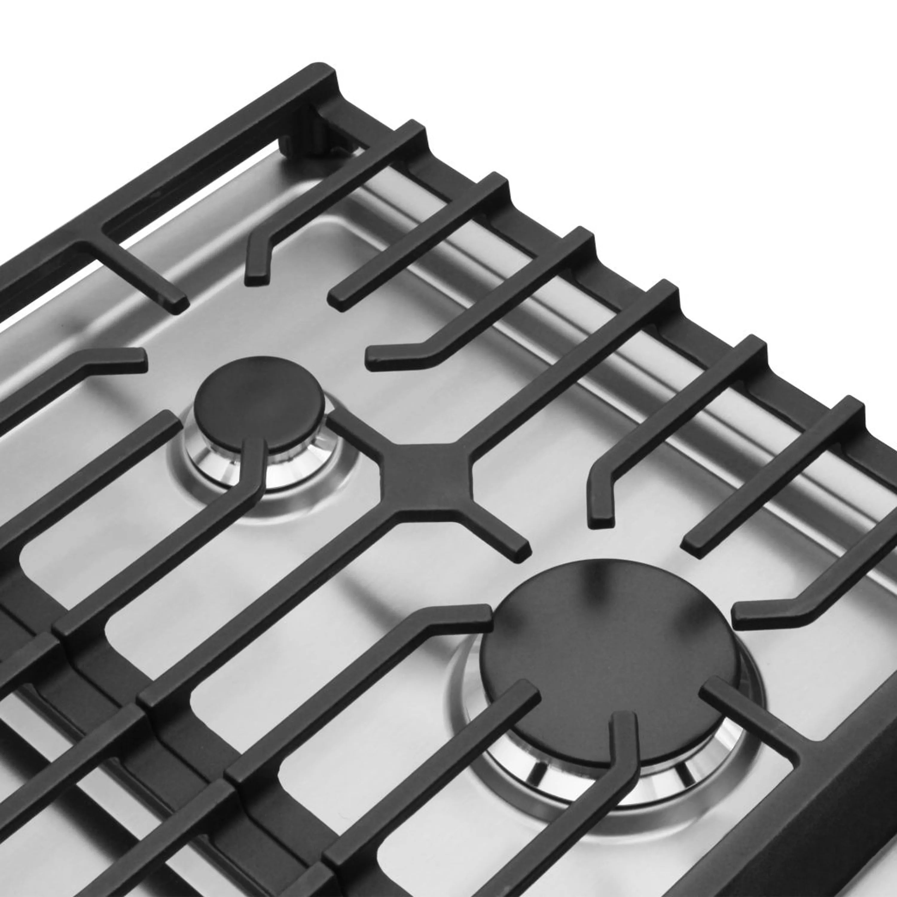 Gas cooktop burner close-up with black cast-iron grate and round burner cap