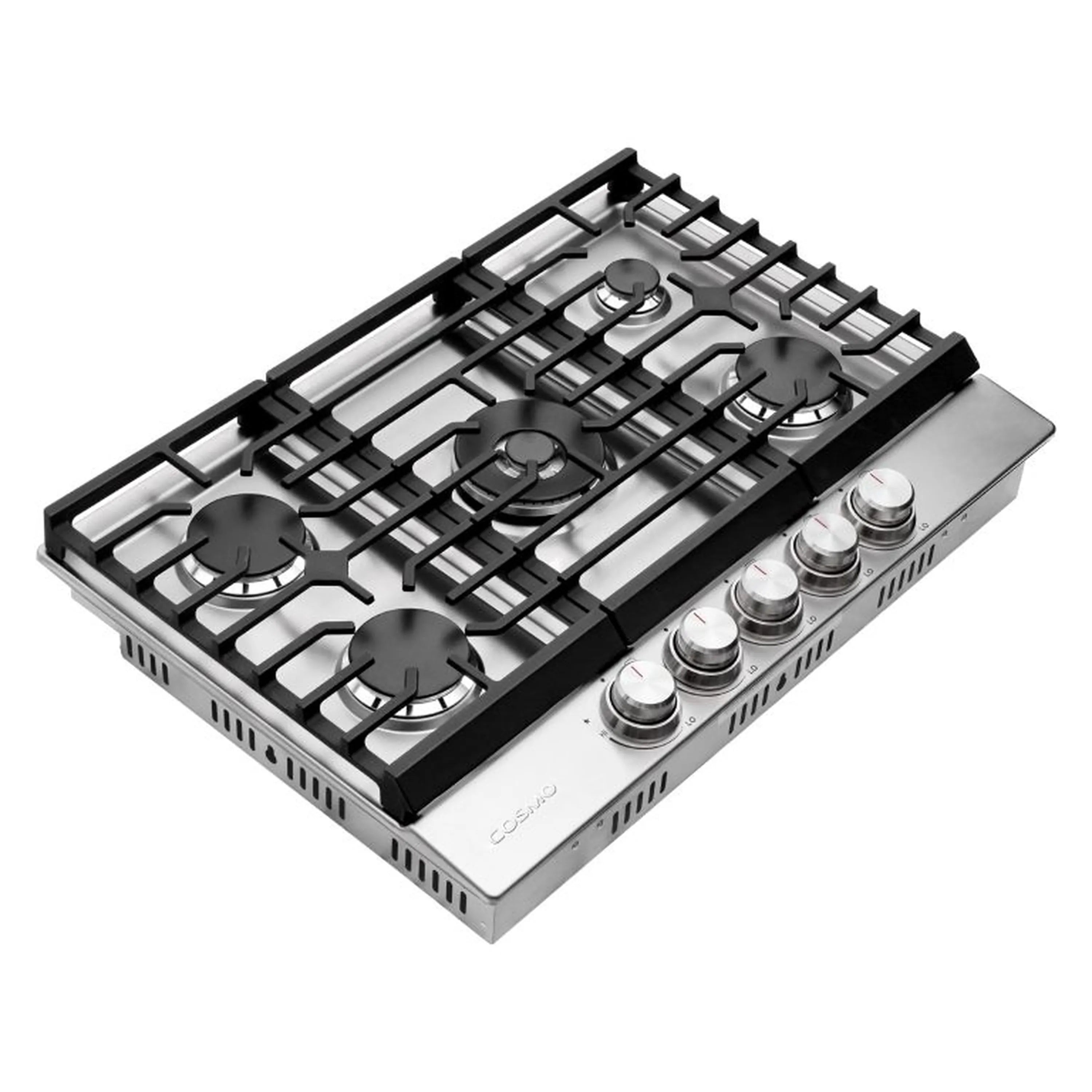 Stainless steel gas cooktop with black grates and five burners, front control strip