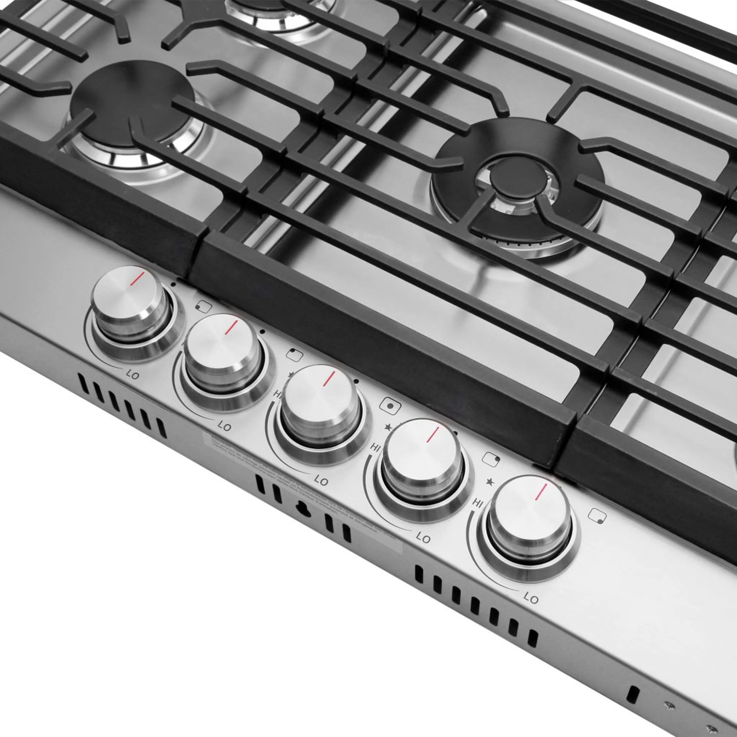Gas cooktop front control knob row with red indicators and temperature labels