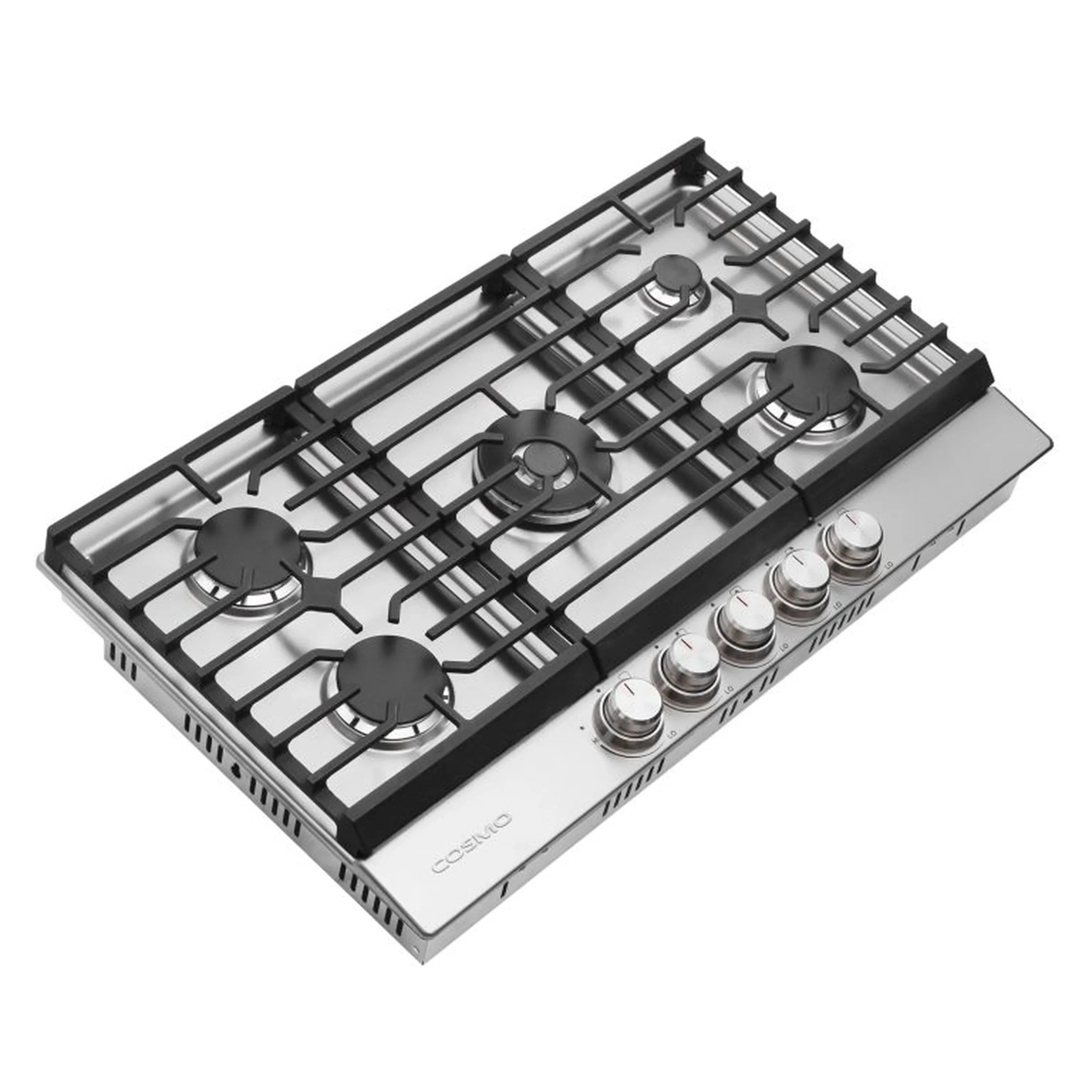 Angled view stainless steel gas cooktop with 5 burners, black grates, and knobs