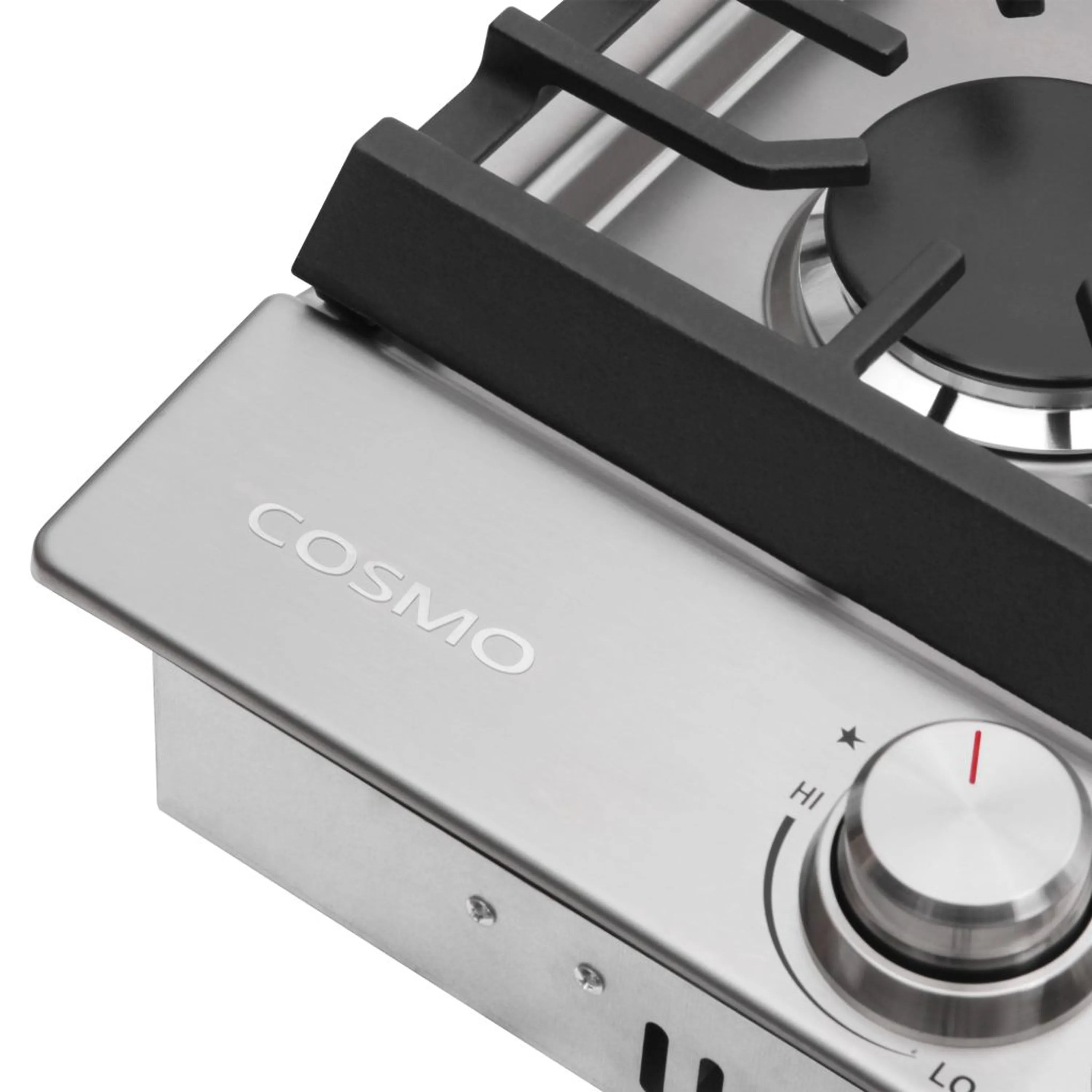 Stainless steel gas cooktop with black grate, front control knob, and burner rings