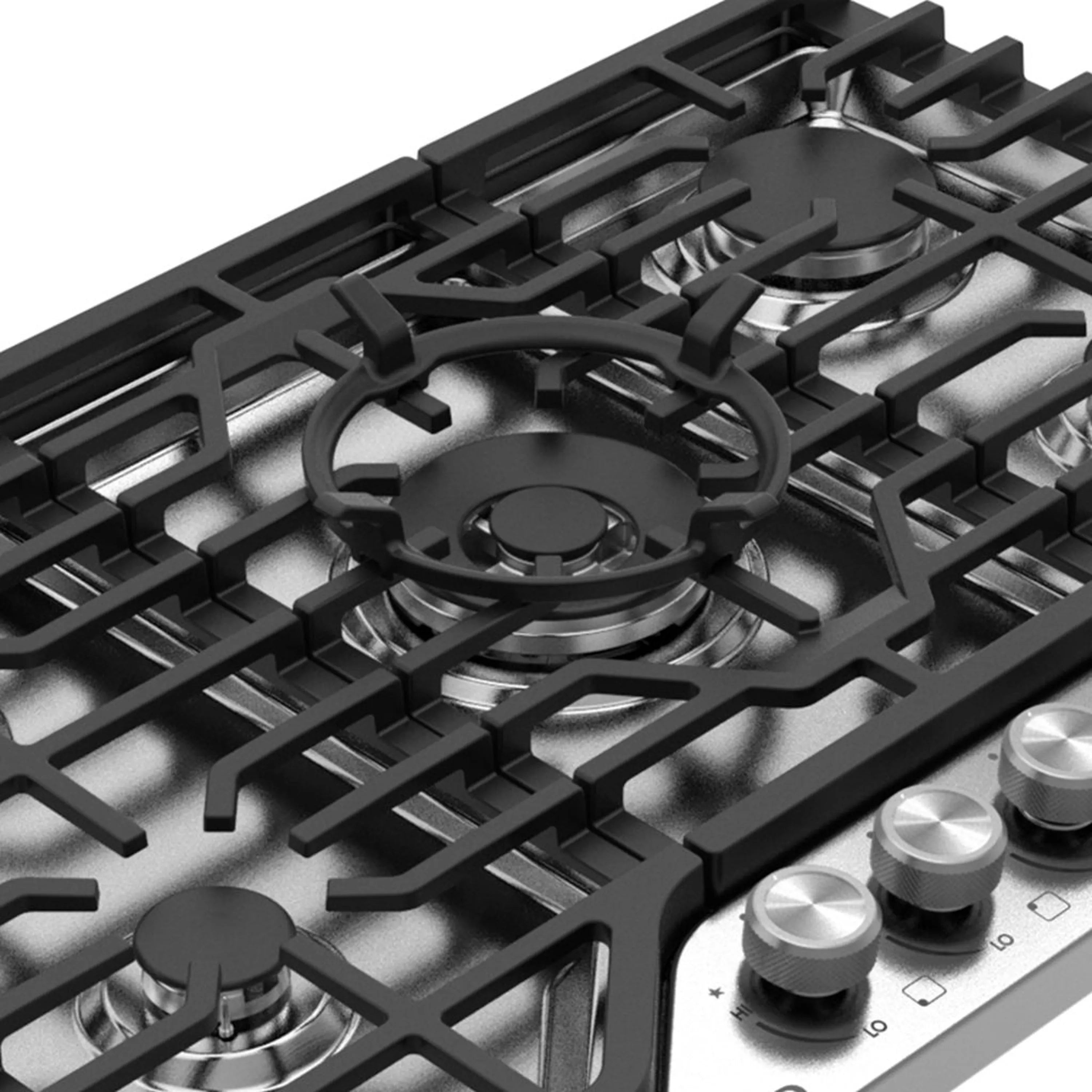 Stainless steel gas cooktop close-up of burner ring, black grates, and control knob