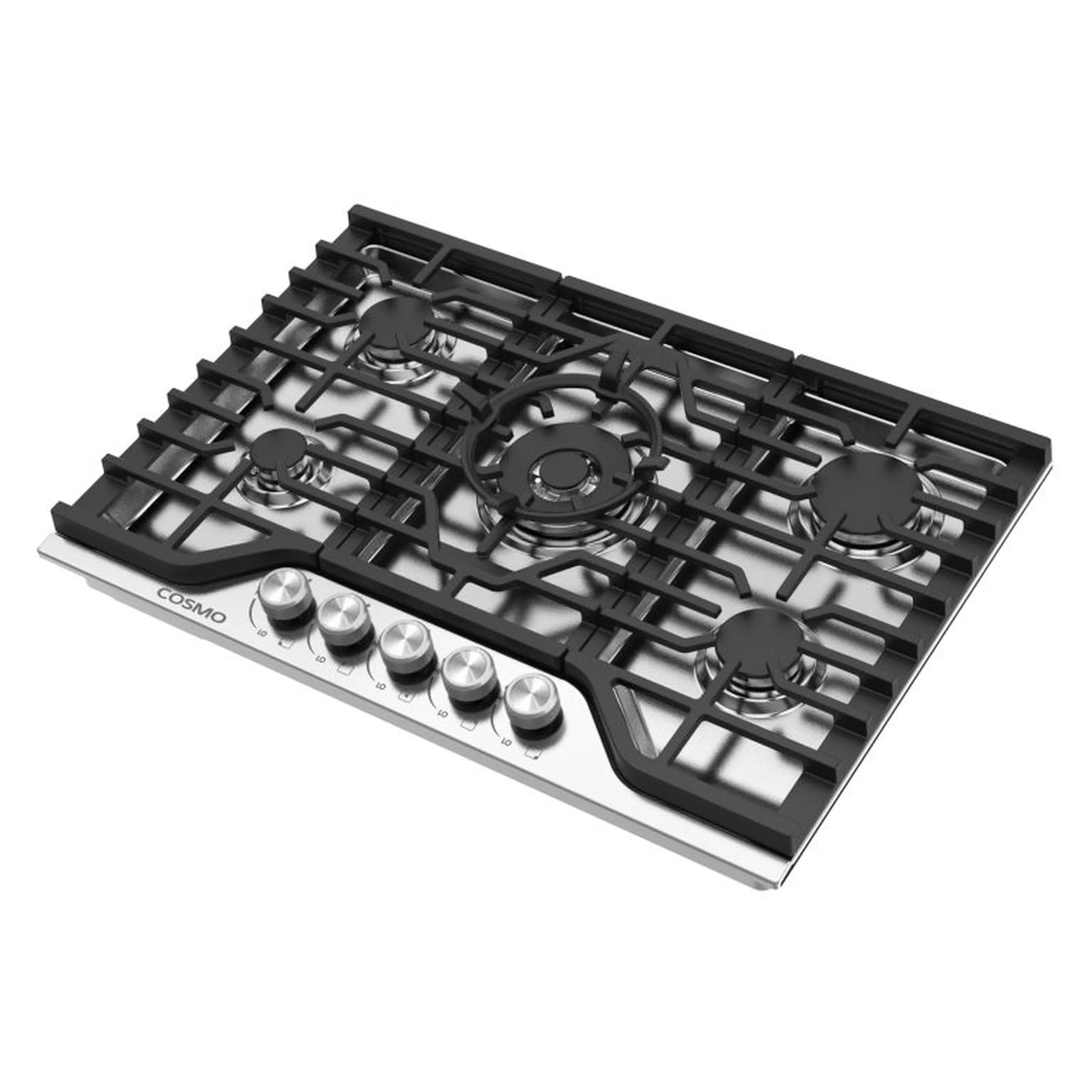 Stainless steel gas cooktop angled view with black grates, five burners, and knobs