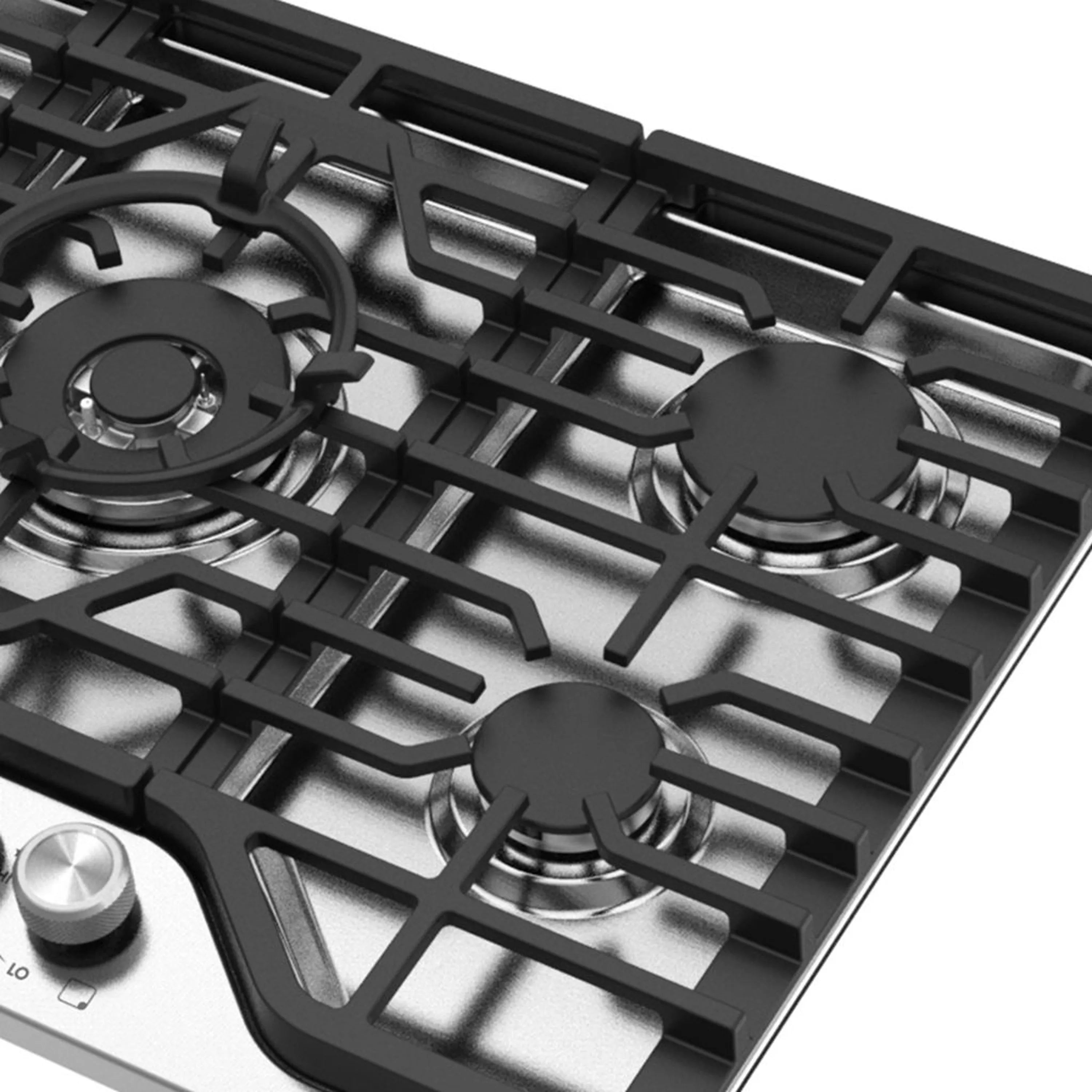 Stainless steel gas cooktop with black burner grates and four burners, close-up