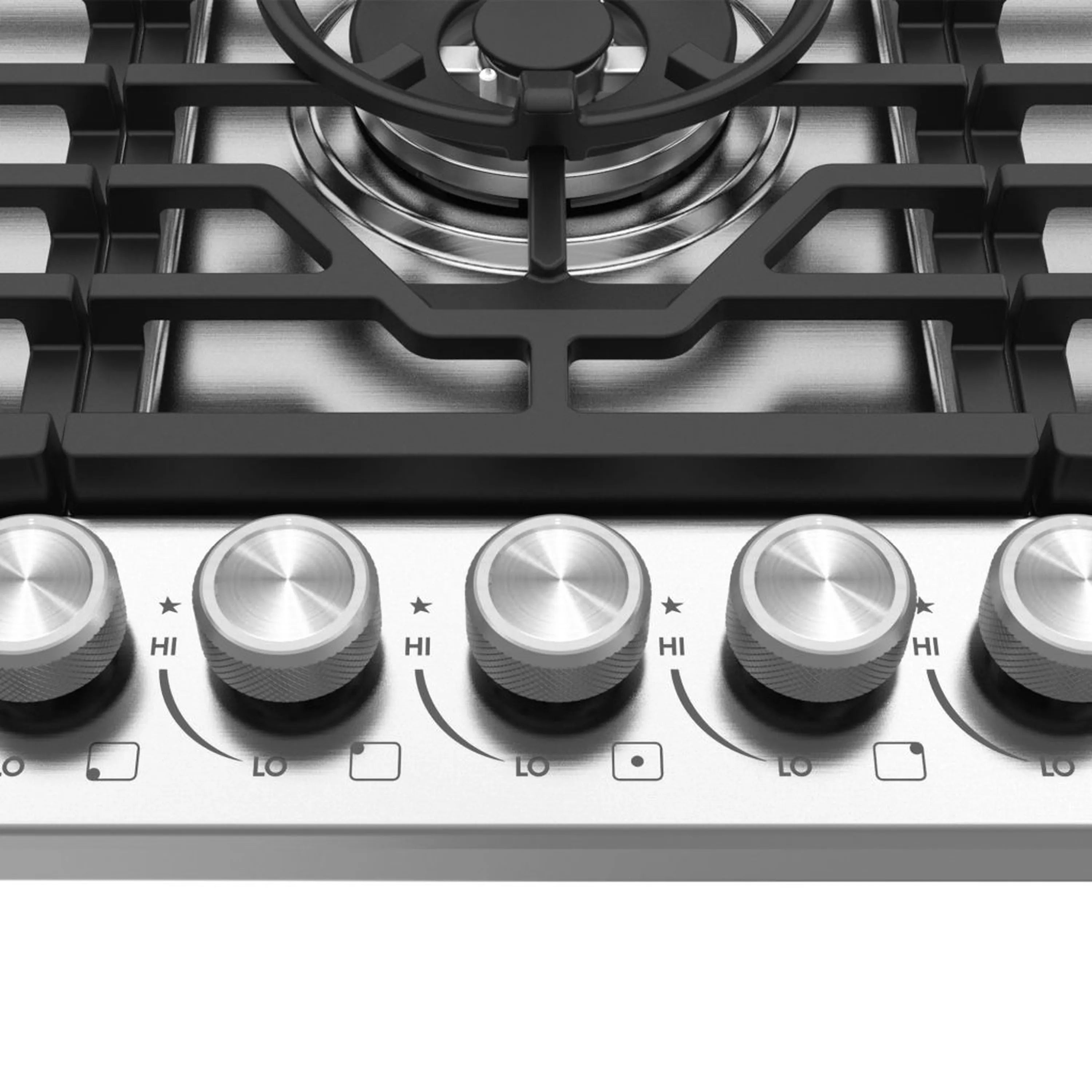 Stainless steel gas cooktop control knobs with HI/LO markings and black grate frame