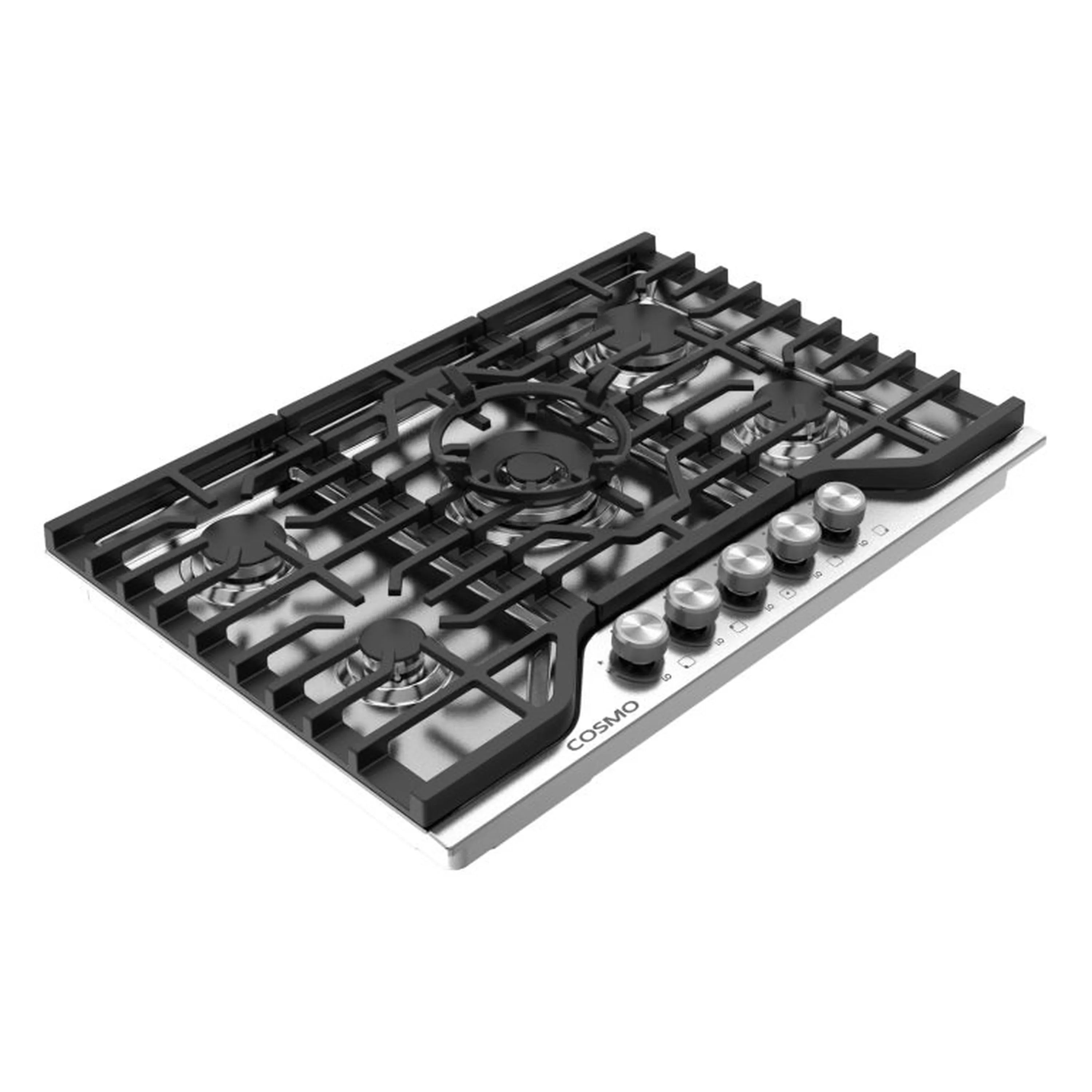 Stainless steel gas cooktop with black grates, five burners, and silver knob panel