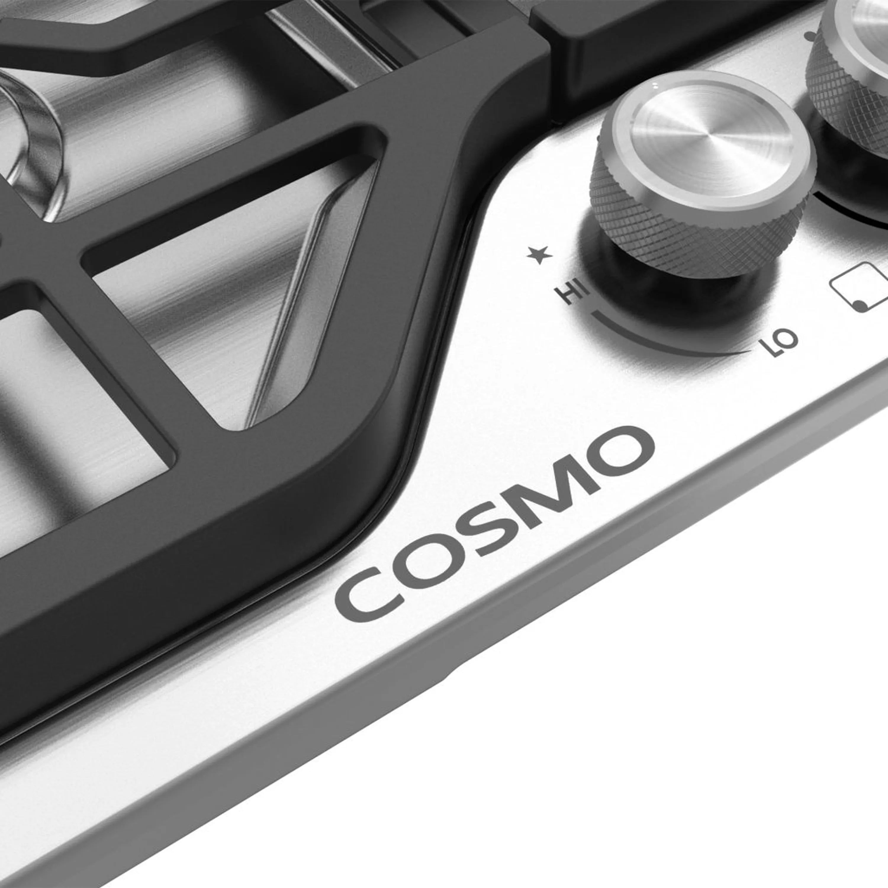 COSMO stainless steel gas cooktop knob panel with HI/LO markings and black grates