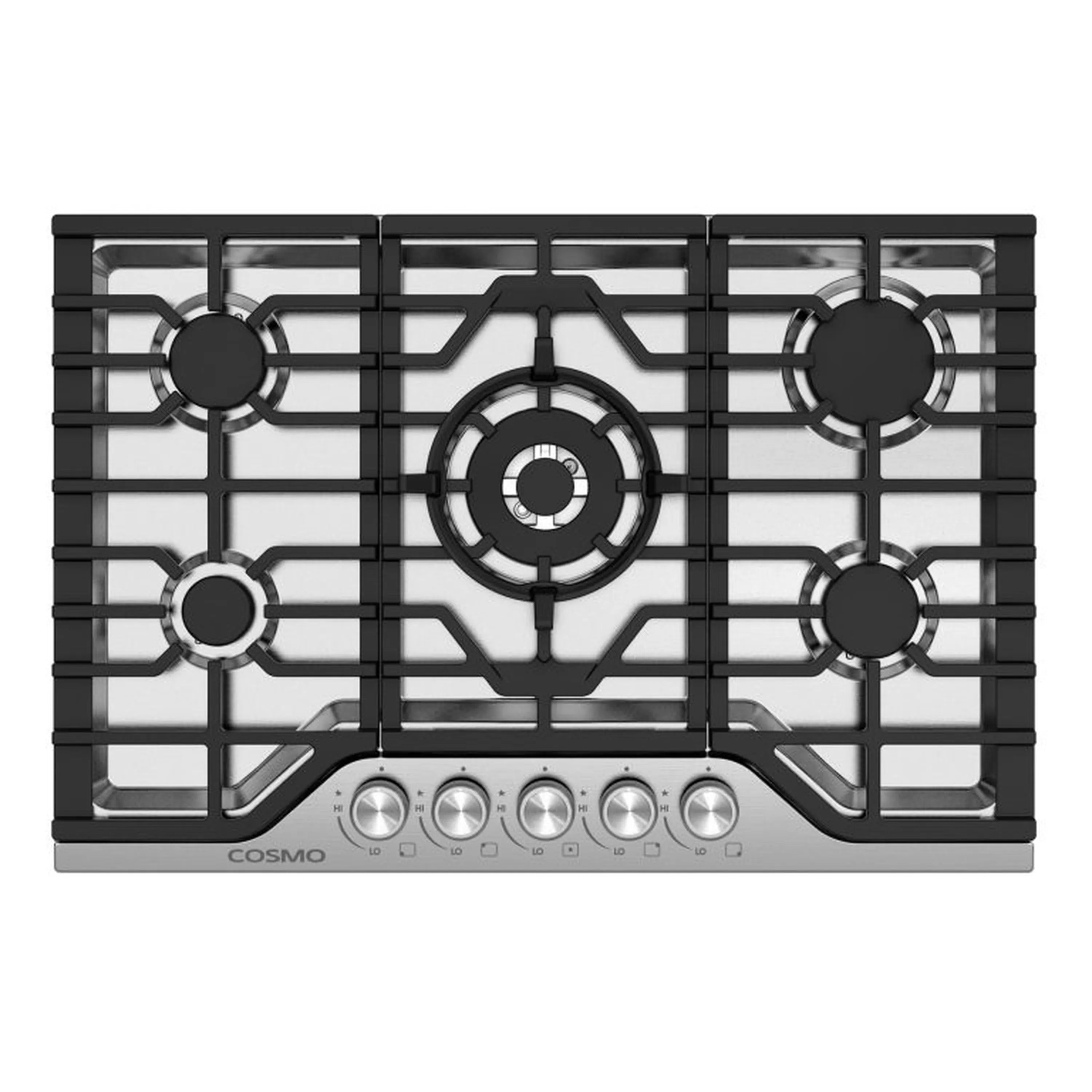Stainless steel gas cooktop top view with black grates and five burners