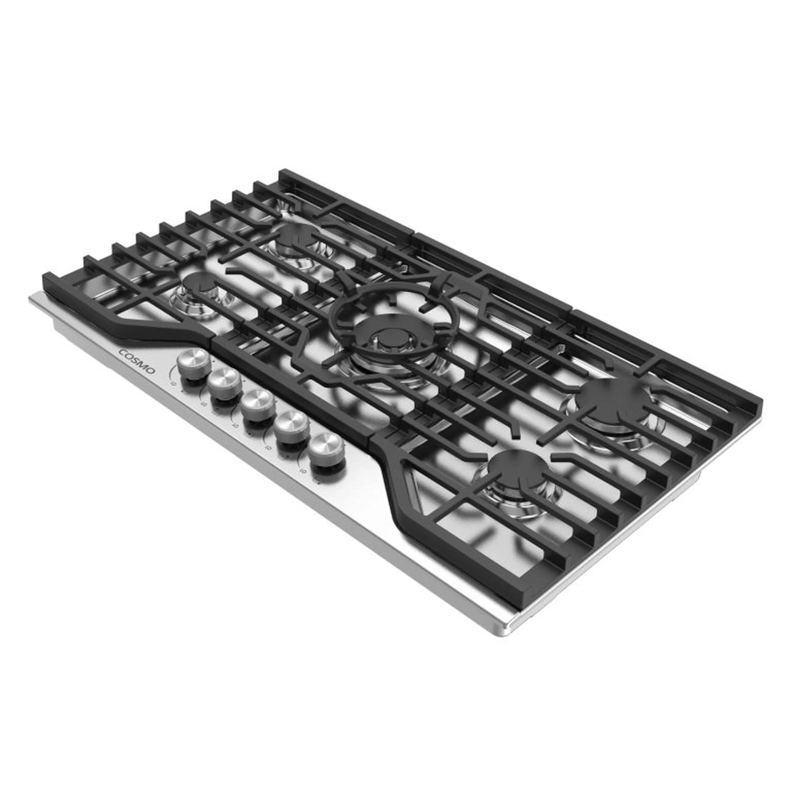 Stainless steel gas cooktop with black grates, center burner, and control knobs