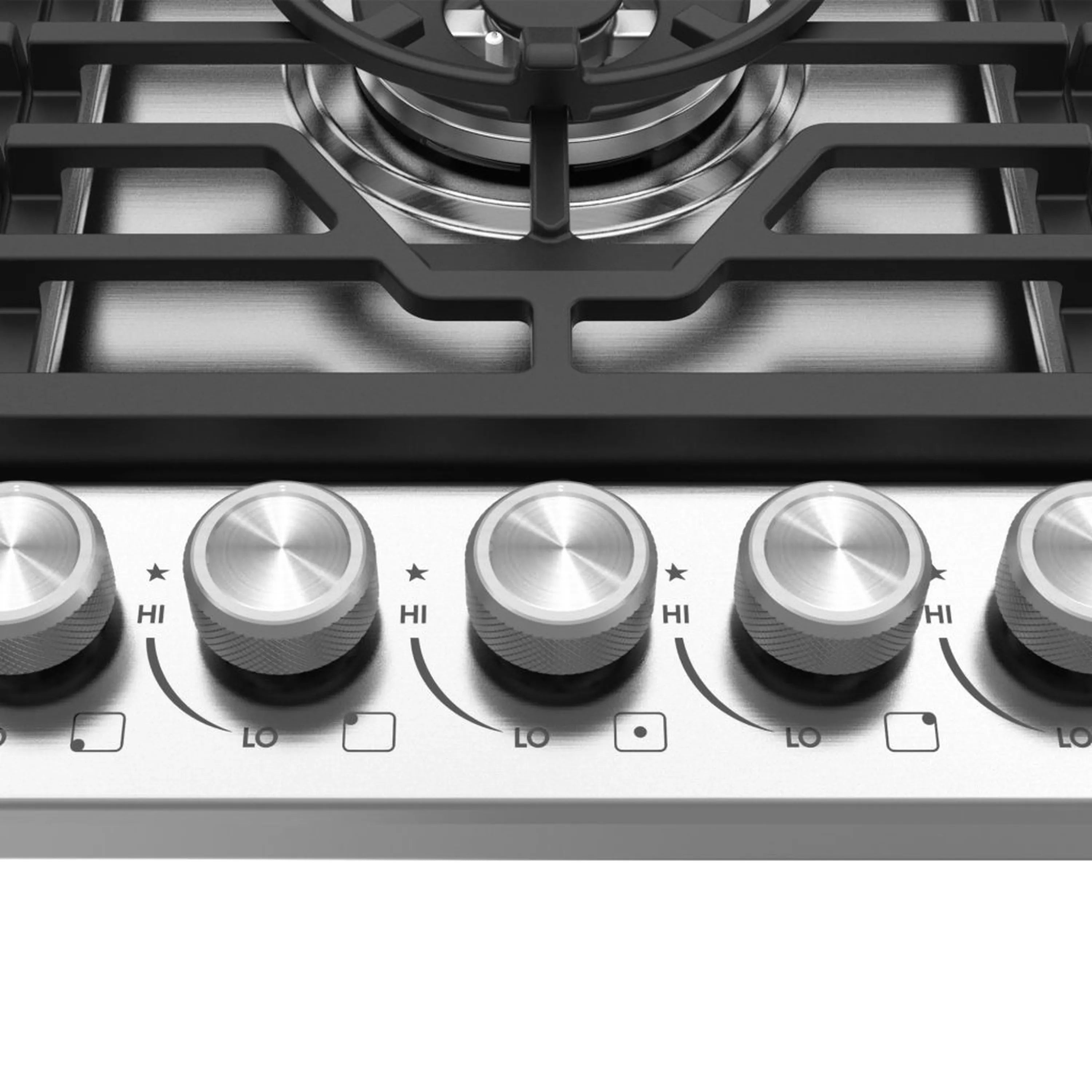 Stainless steel gas cooktop control panel with four knobs and HI/LO burner markings