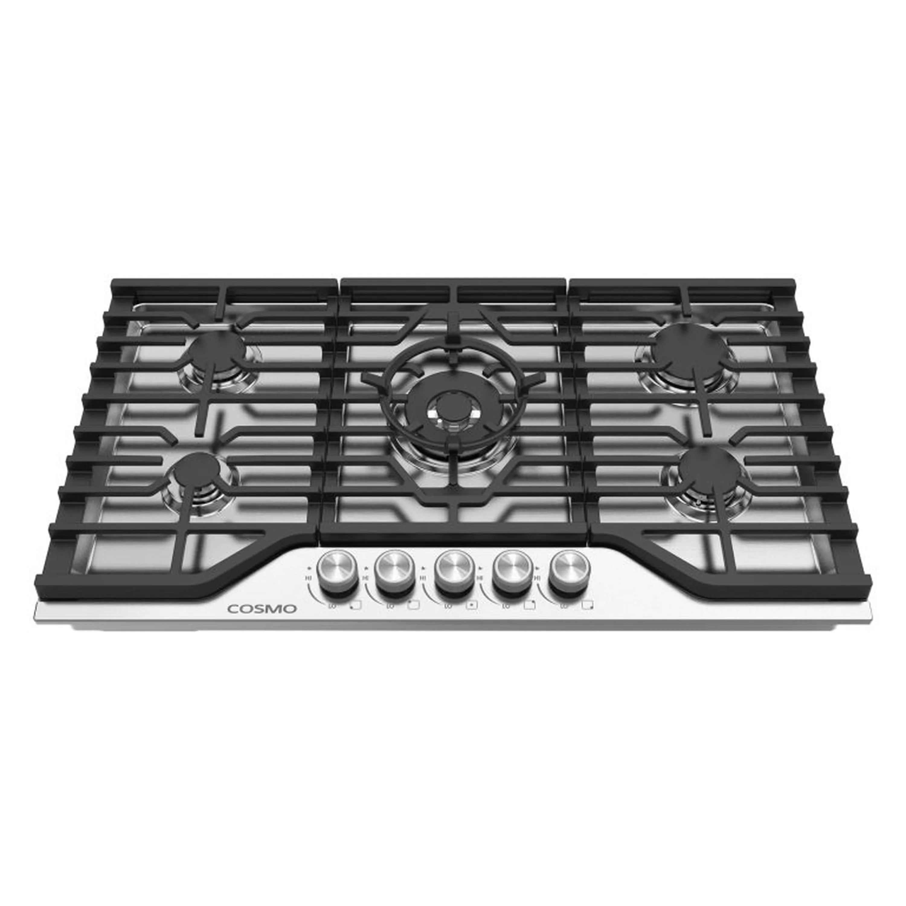 36-inch stainless steel gas cooktop with black grates and four-burner layout