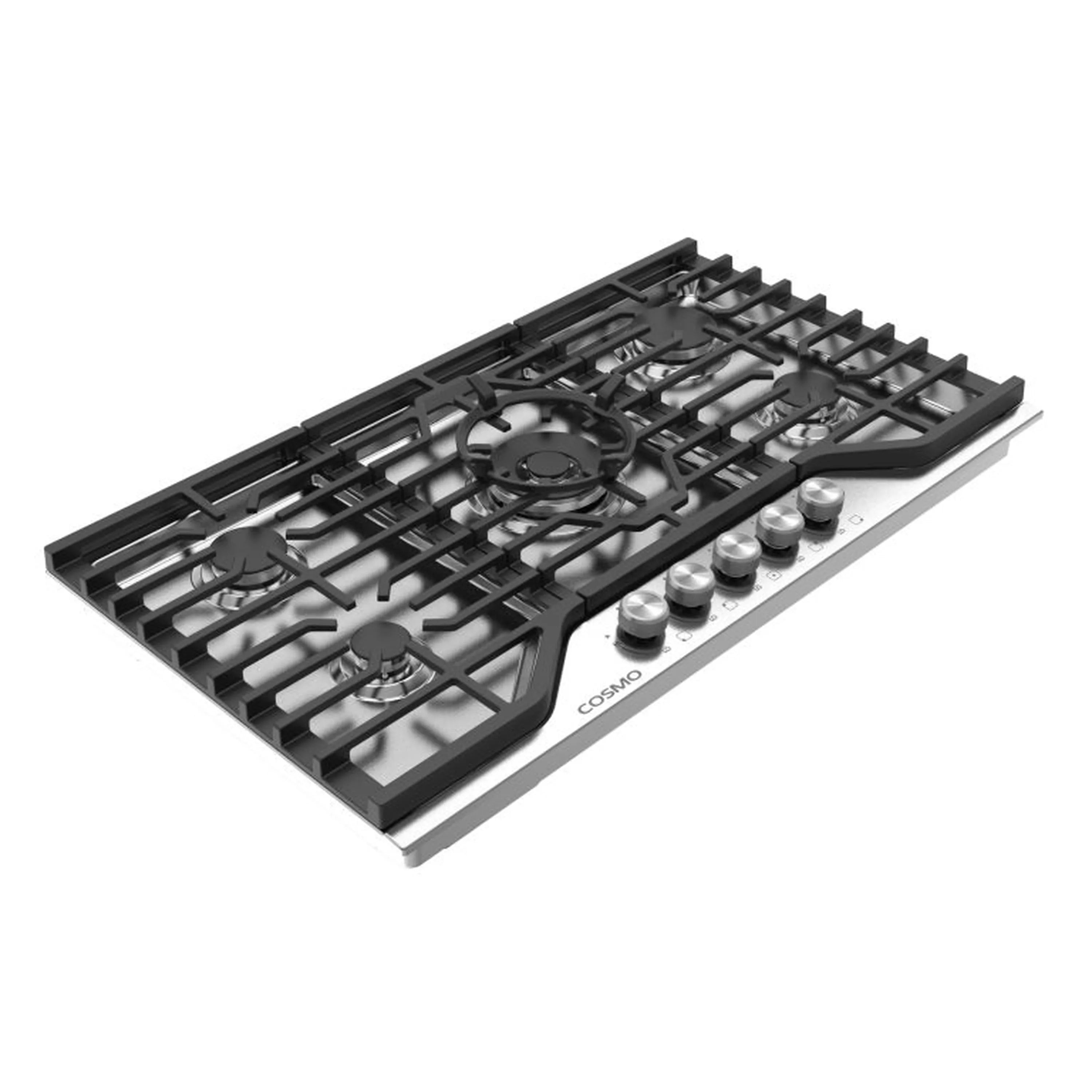Stainless steel gas cooktop with black burner grates and front control knobs