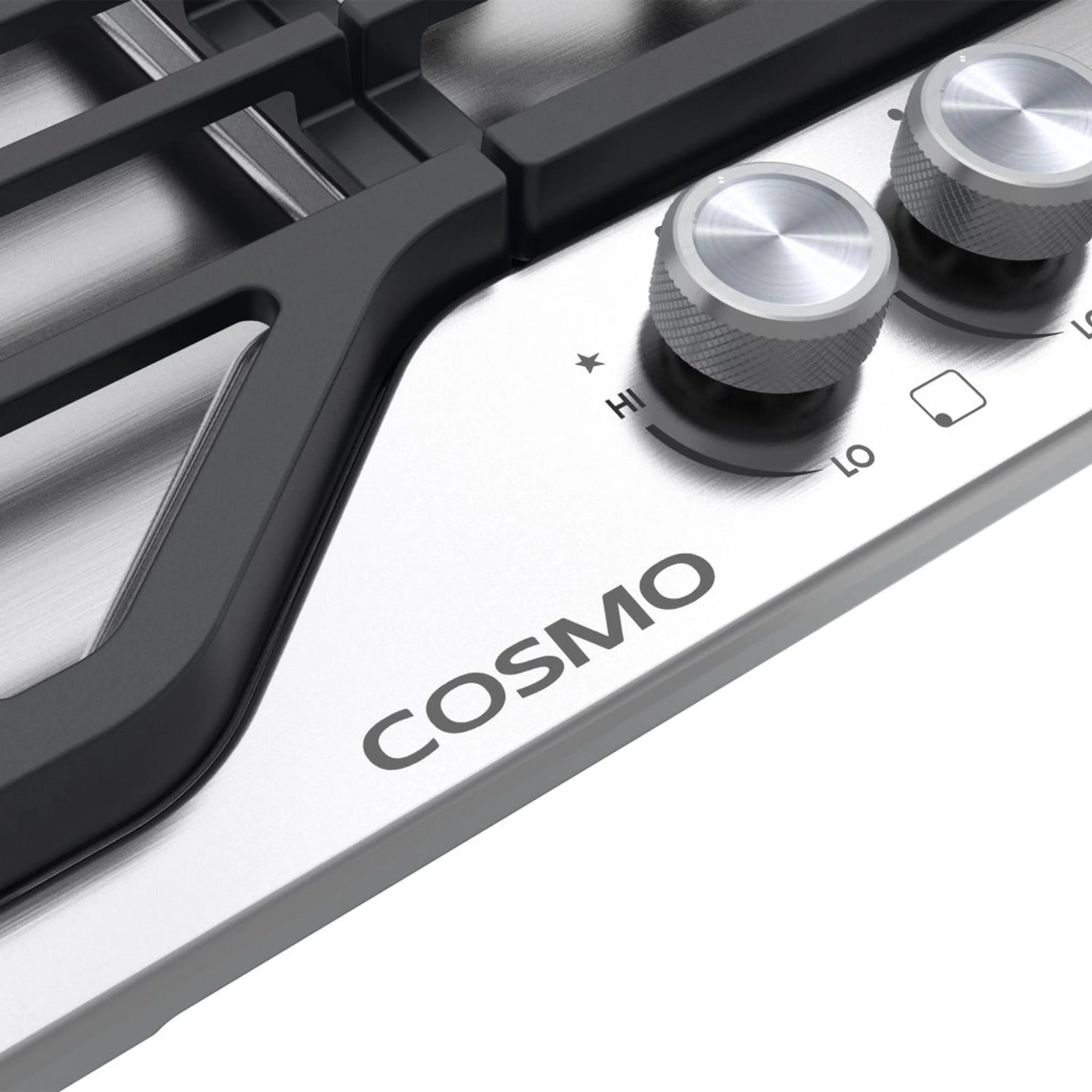 Stainless steel gas cooktop with COSMO logo and two front burner knobs