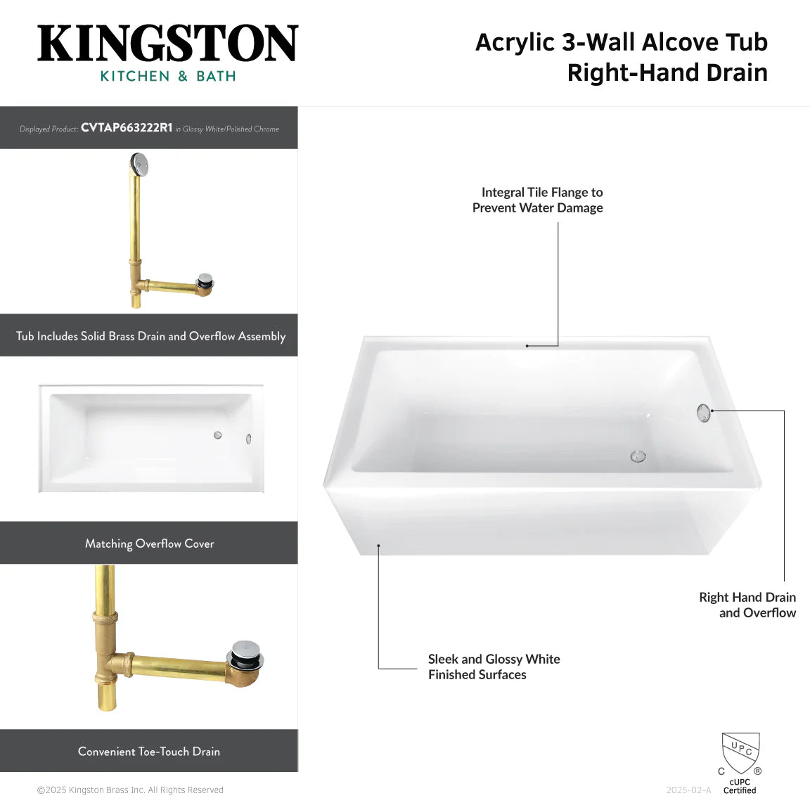 Glossy white acrylic 3-wall alcove tub with right-hand drain and overflow