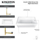Kingston Brass Aqua Eden 66" Acrylic Rectangular 3-Wall Alcove Tub Combo with Waste and Overflow Drain (Right Hand Drain), Glossy White/Polished Brass (CVTAP663222R2)