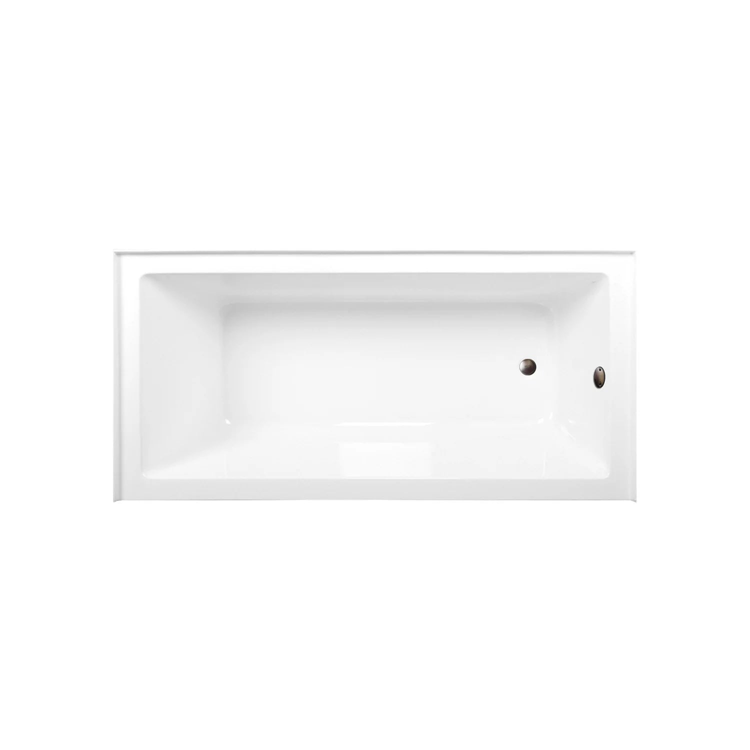 Glossy white rectangular alcove acrylic bathtub with right-side bronze drain and overflow