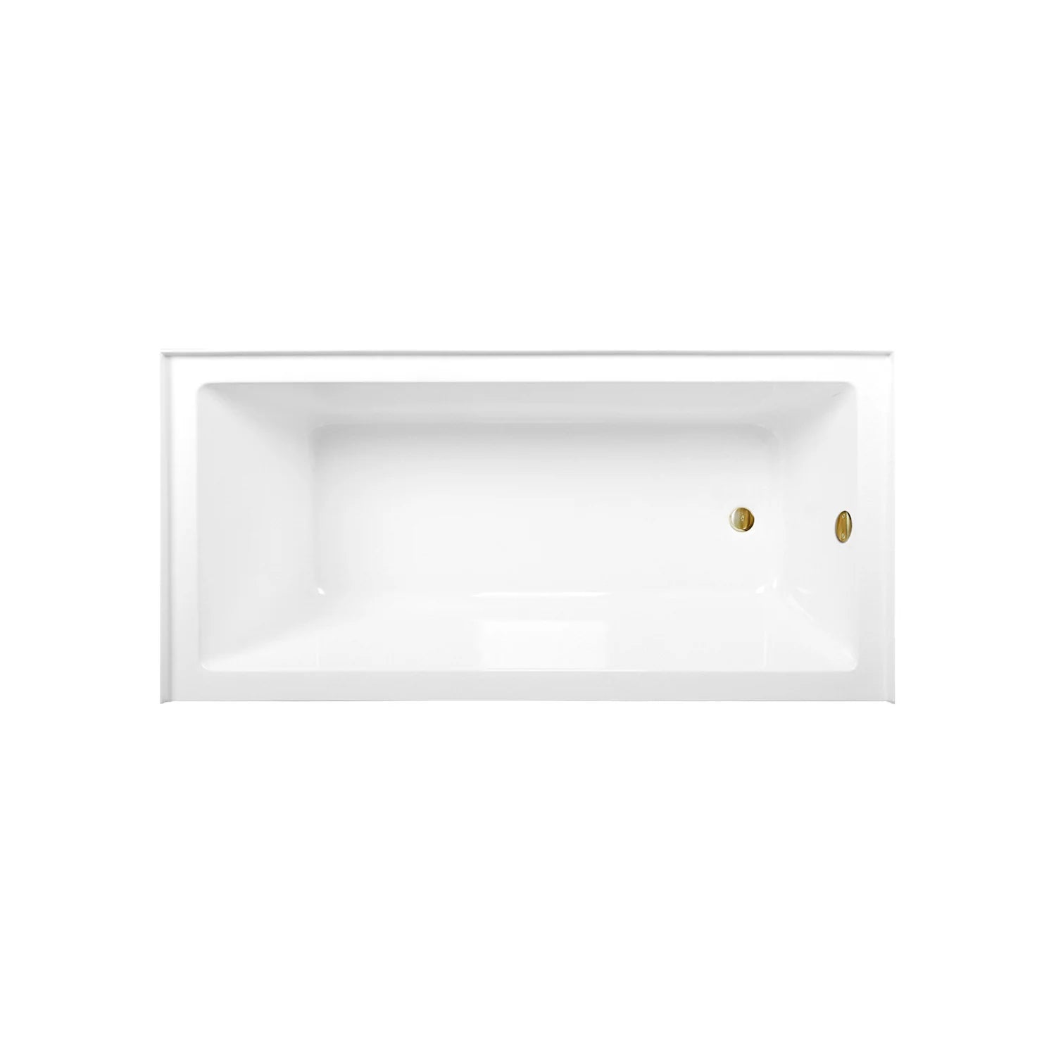 Rectangular acrylic alcove bathtub in glossy white with brass drain and overflow openings