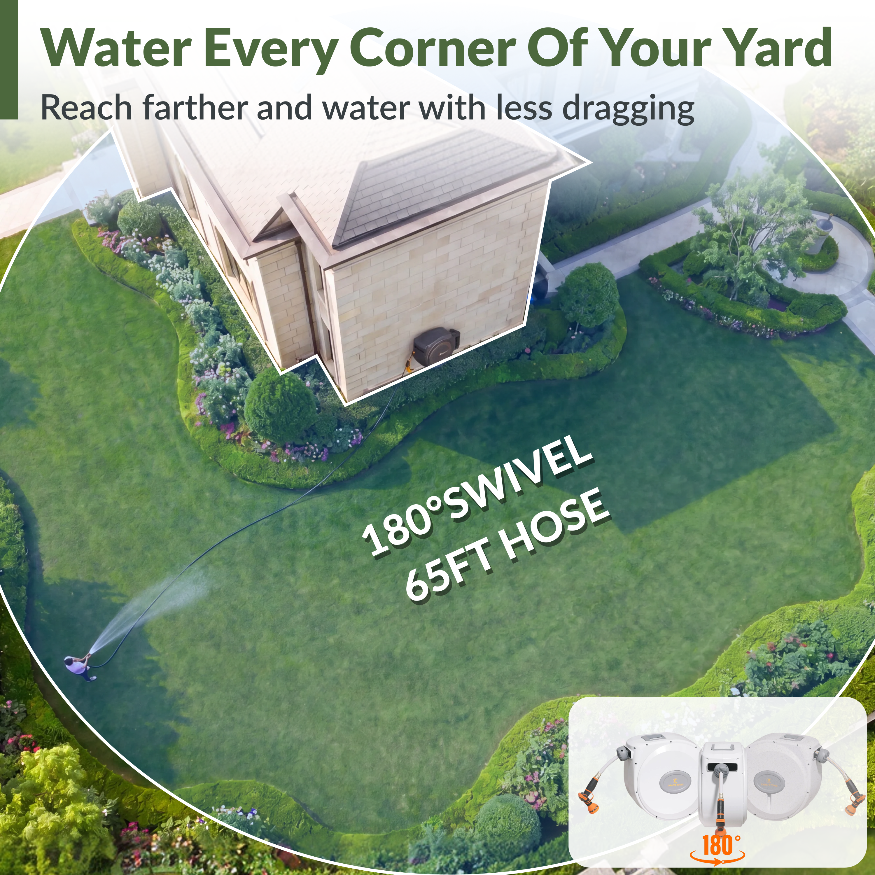 Retractable hose reel system with long hose reaching across a yard for watering