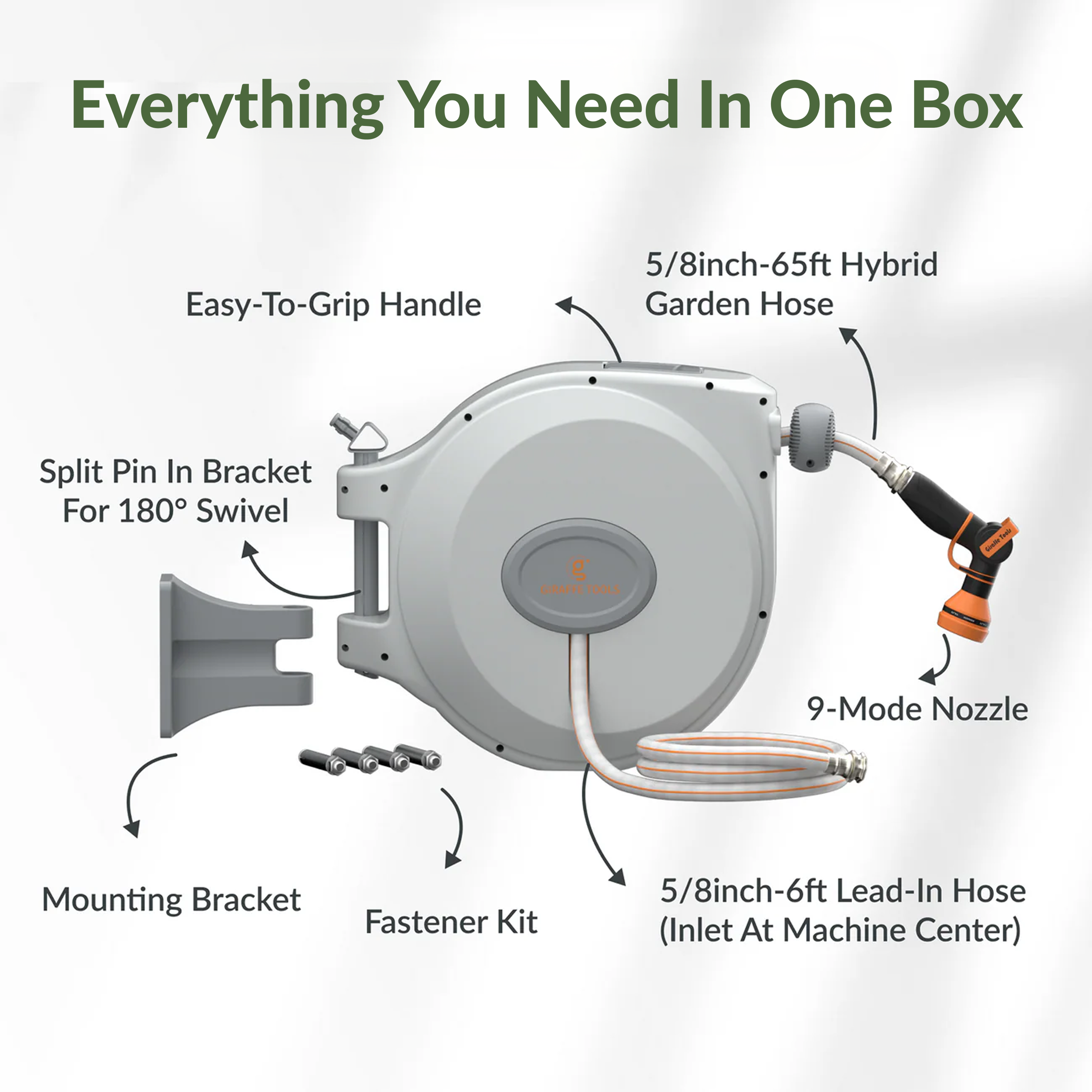 Retractable hose reel kit diagram with light gray unit, nozzle, and included parts