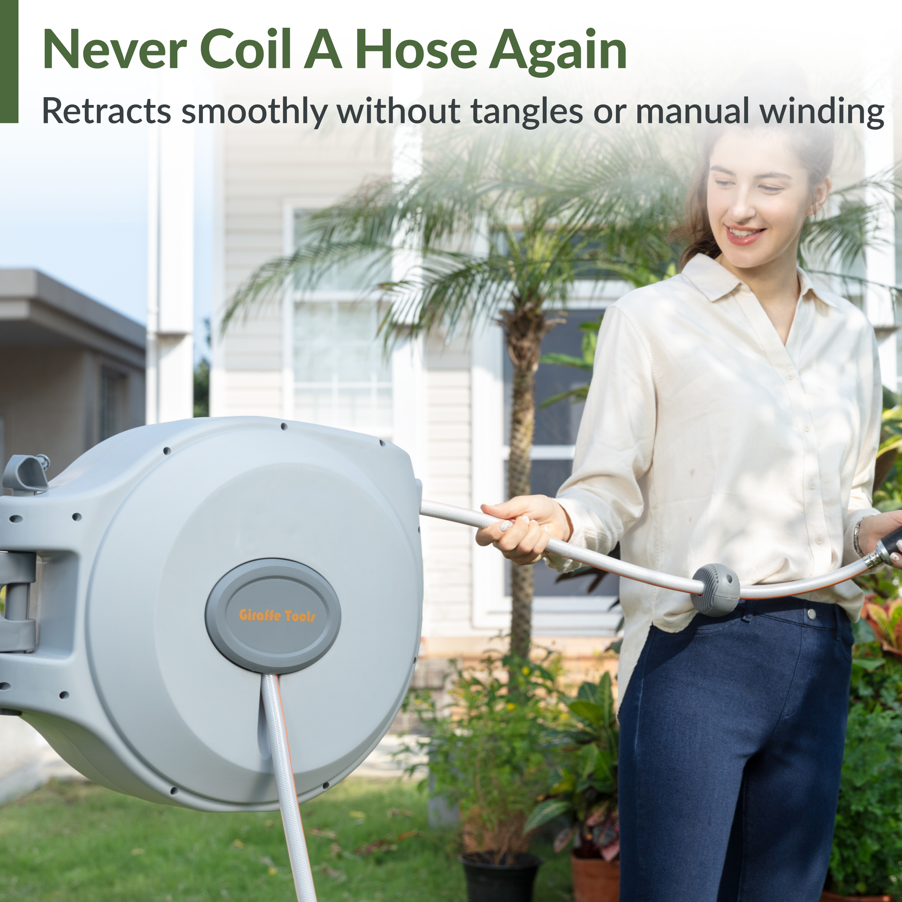 Retractable hose reel with smooth retraction, light gray casing and extended hose