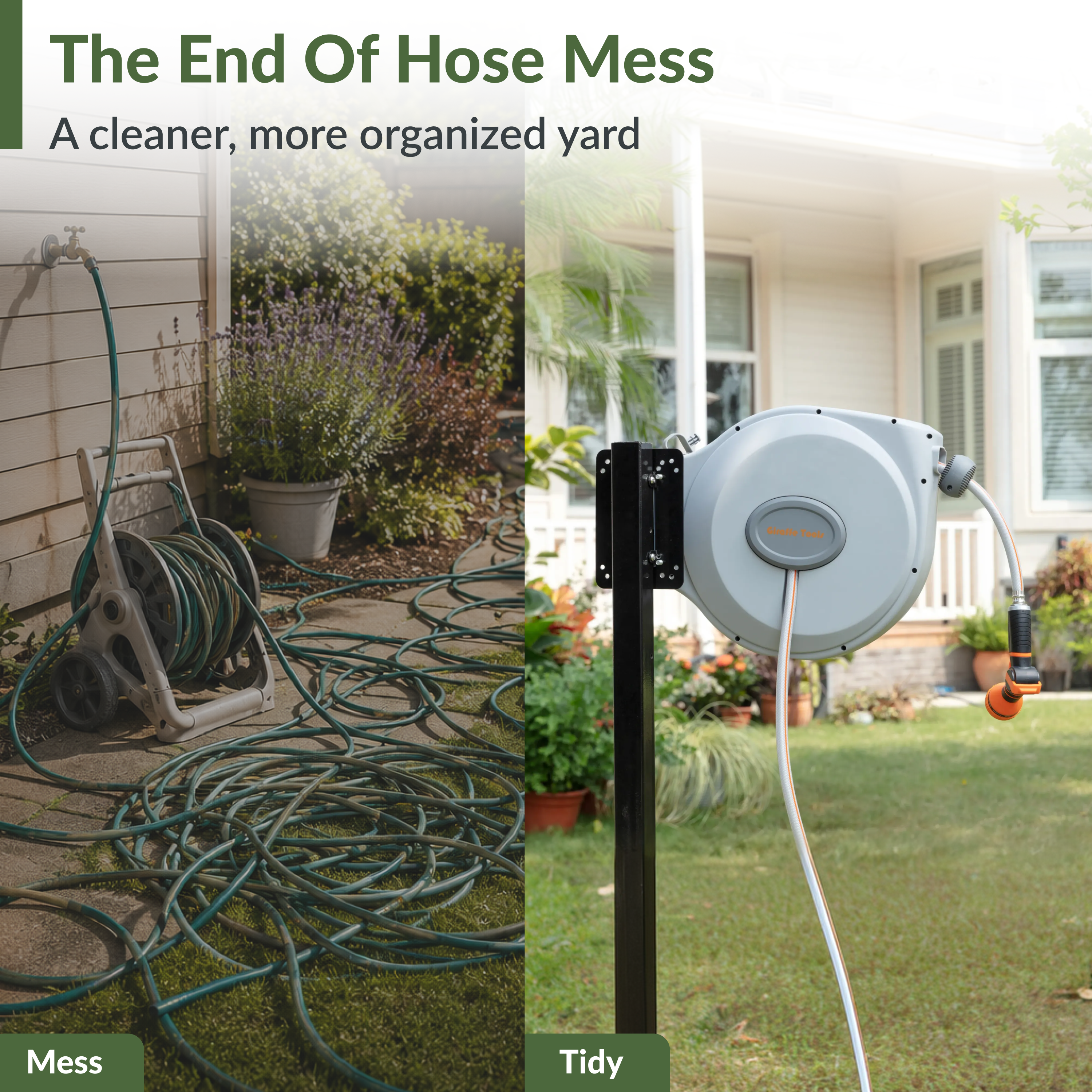 Retractable hose reel with coiled hose, showing tidy hose routing to the front