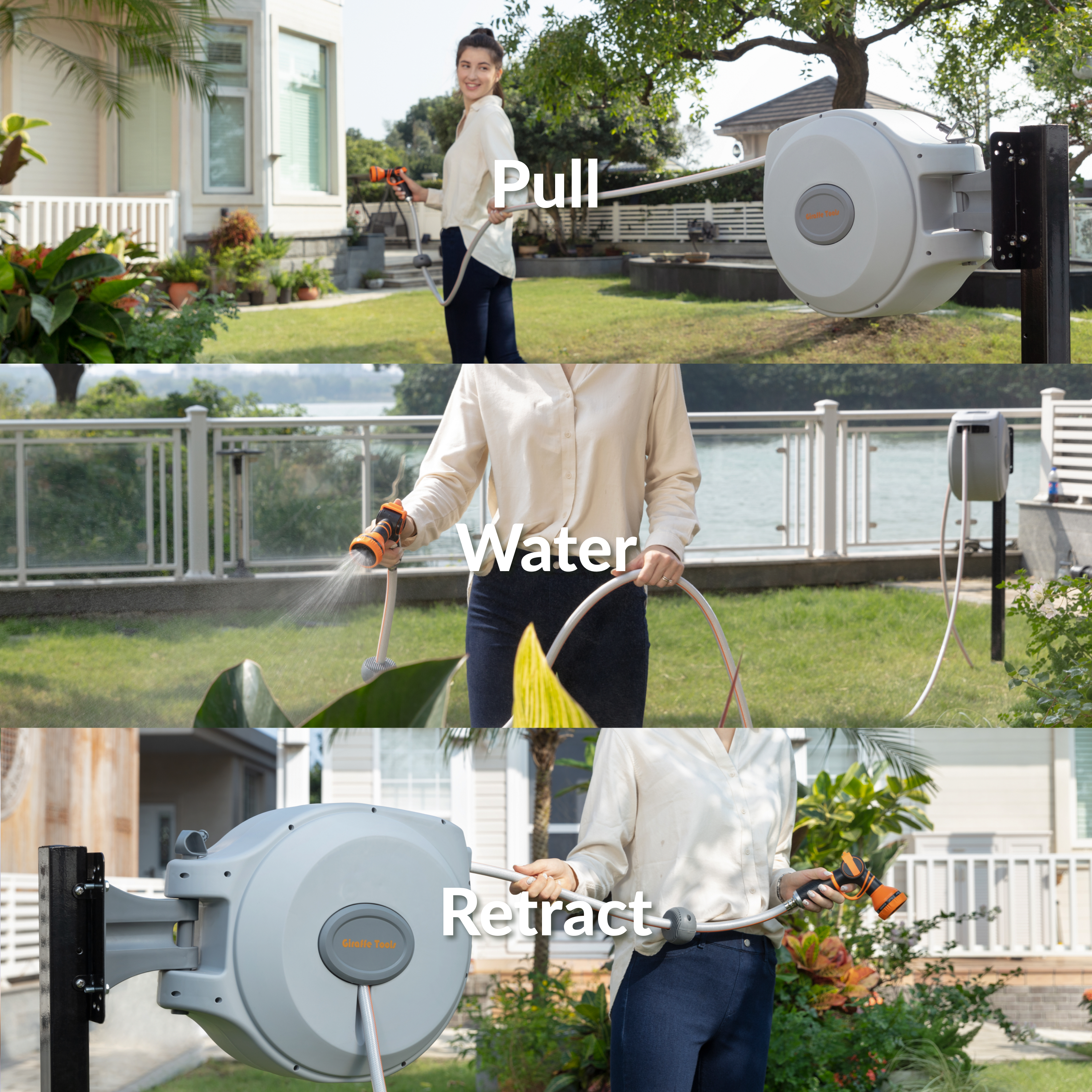 Retractable garden hose reel extending water hose from a mounted light gray unit
