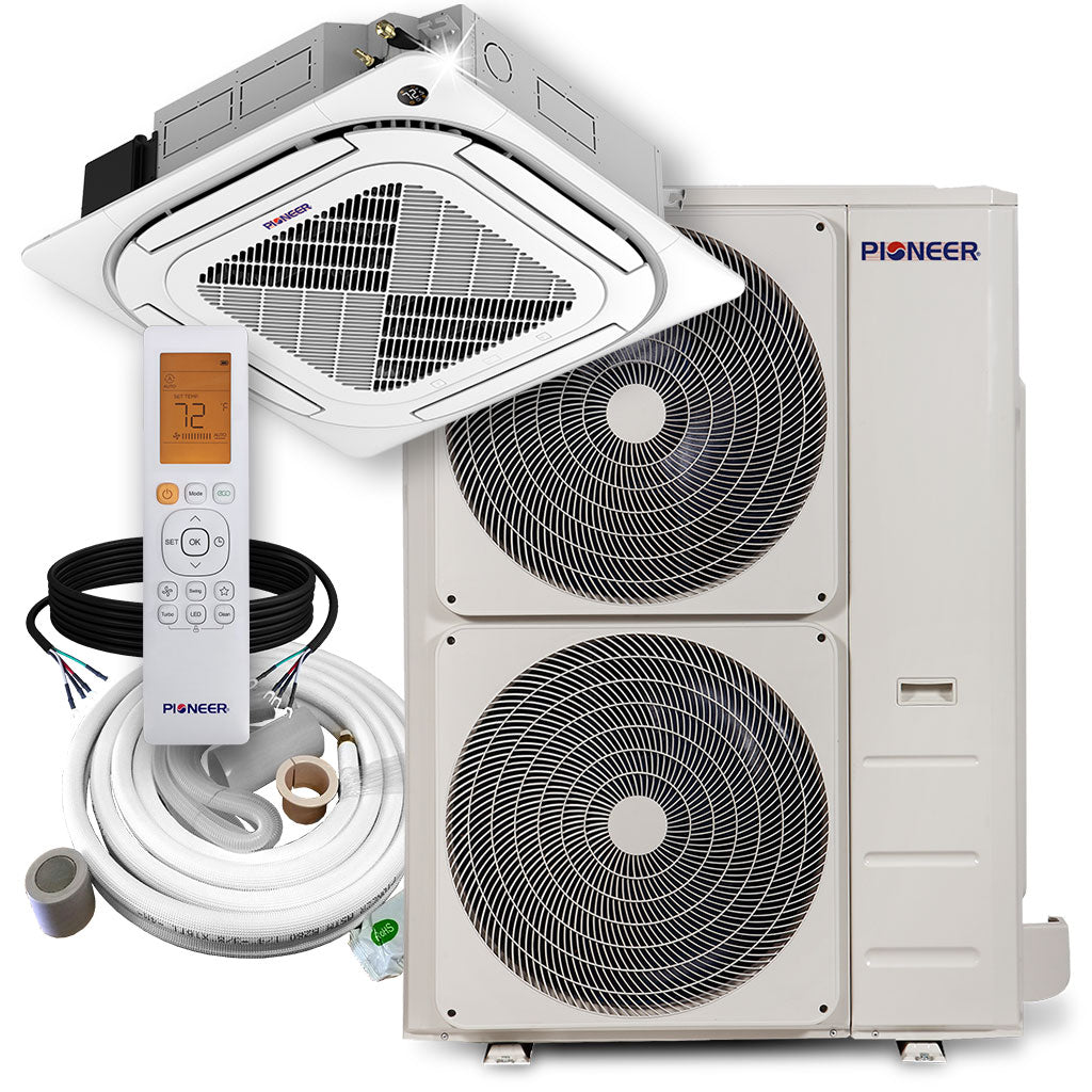 White outdoor air conditioner condenser unit with dual fan grilles and included tubing