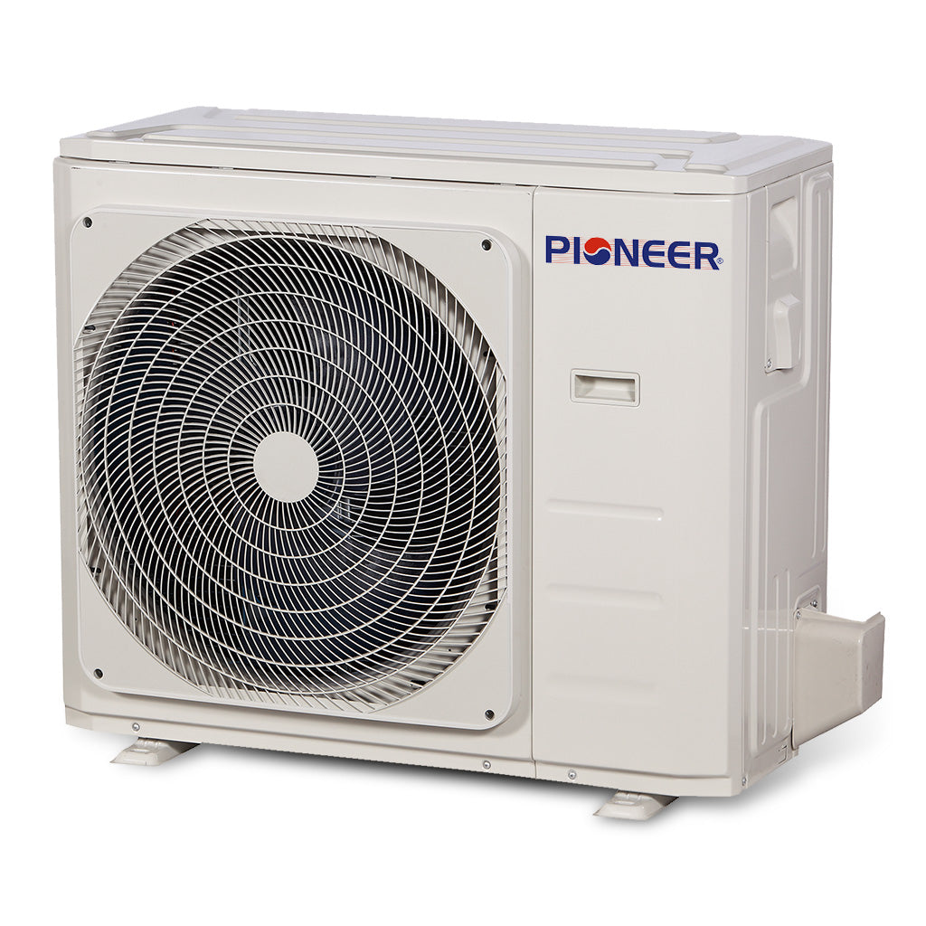Pioneer mini-split outdoor condenser unit with fan and Pioneer logo