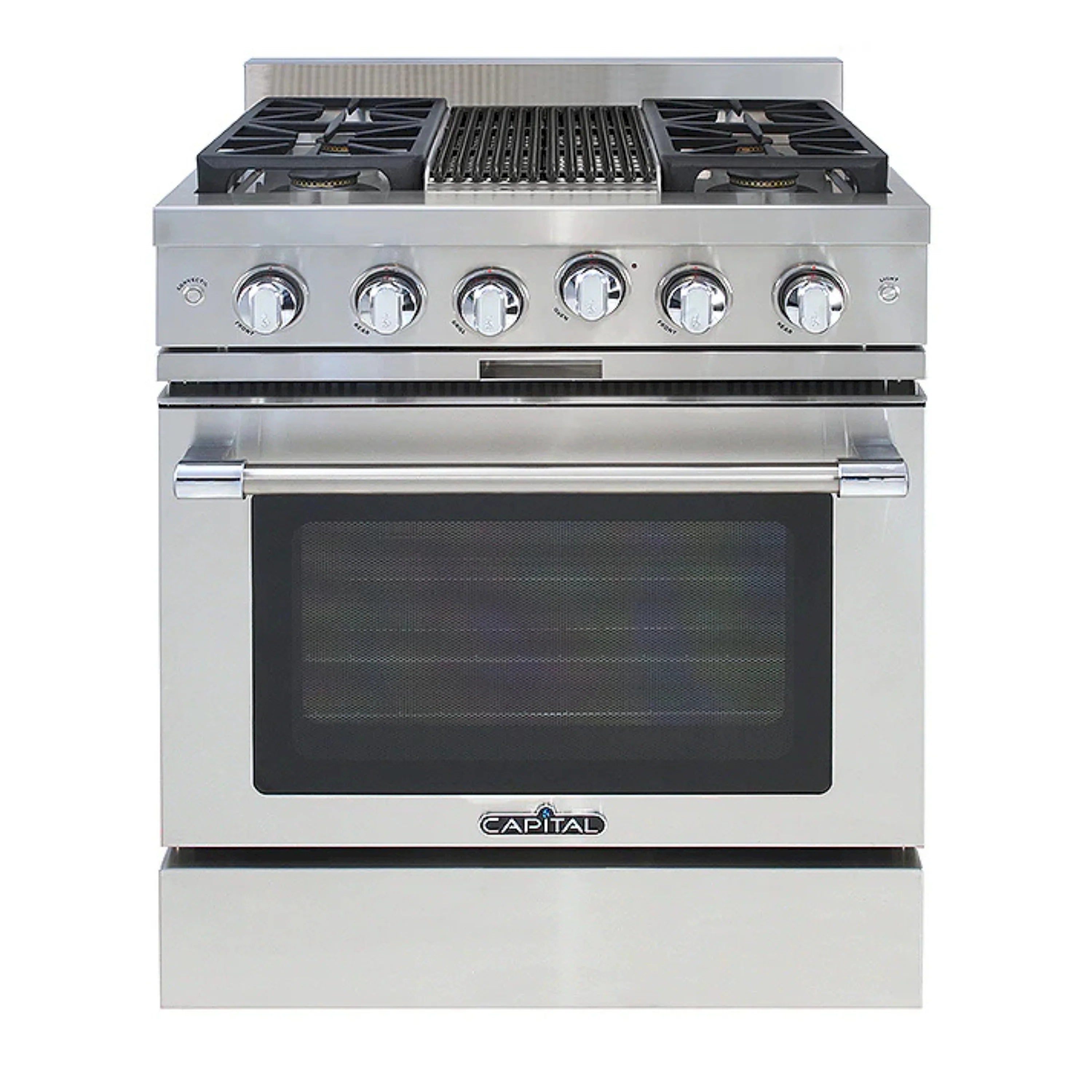 Stainless steel 30-inch gas range with four burners, control knobs, and large oven door