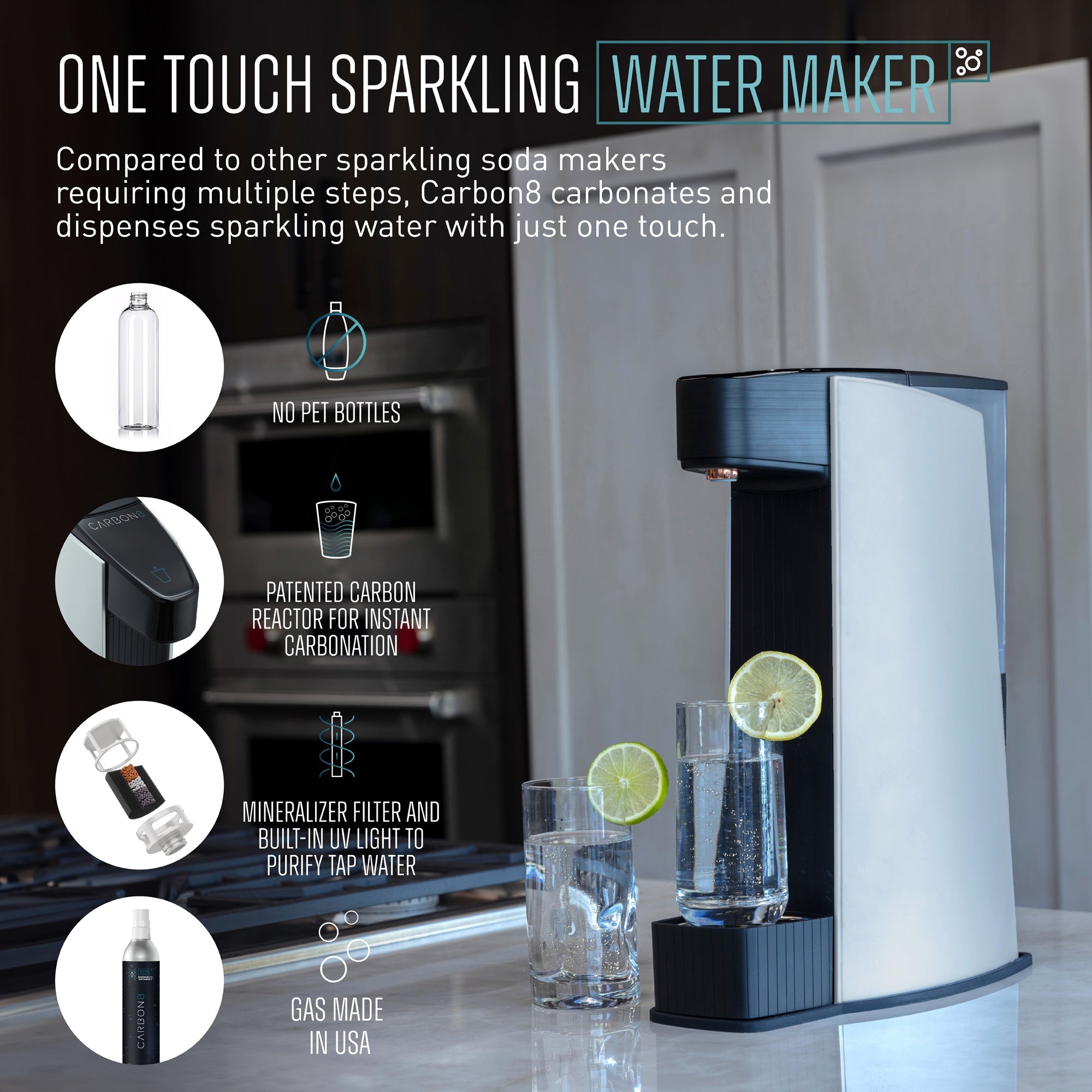 Carbon8 sparkling water maker with one-touch dispenser and standing water glass
