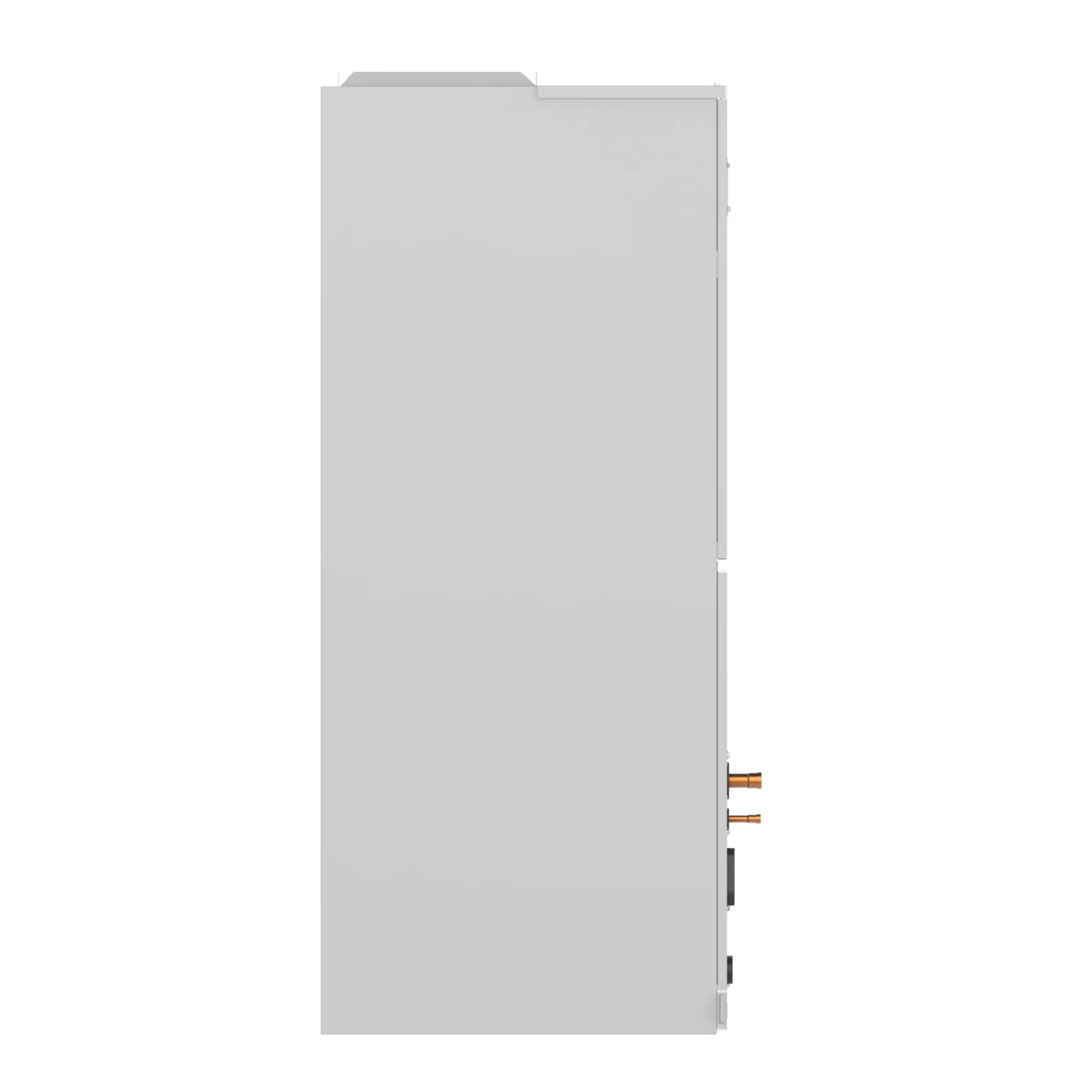 Senville ducted air handler side view with copper line stubs, off-white metal