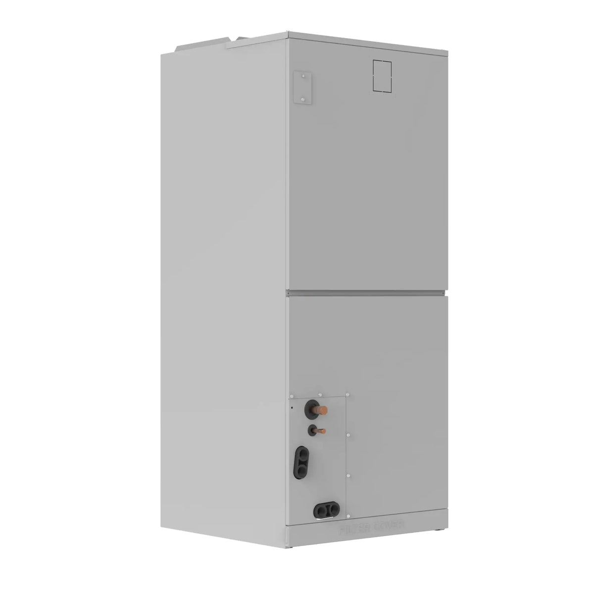 Dual-compartment gray ducted air handler with front service panel and ports