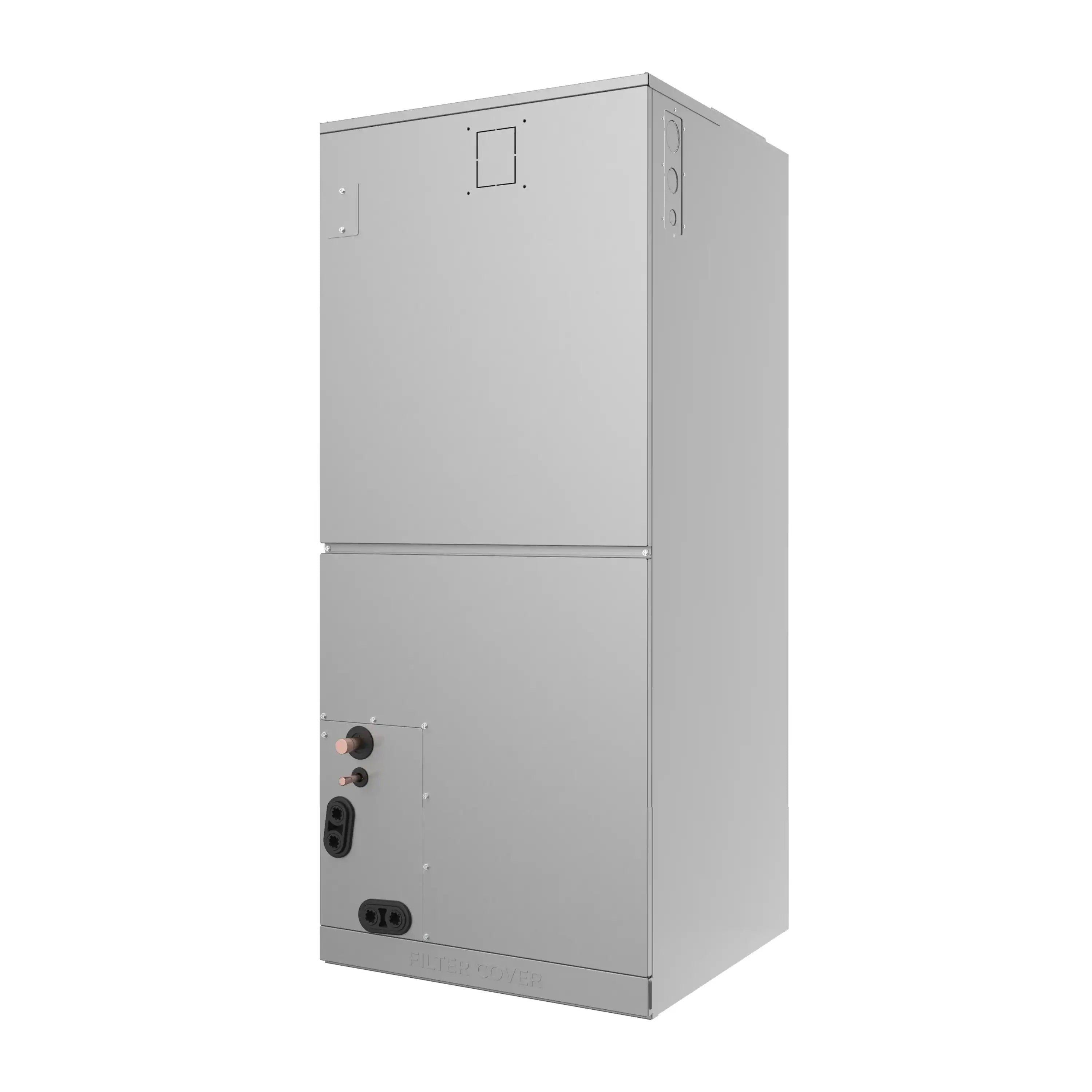 Senville ducted air handler unit with louvered front panel and off-white metal housing