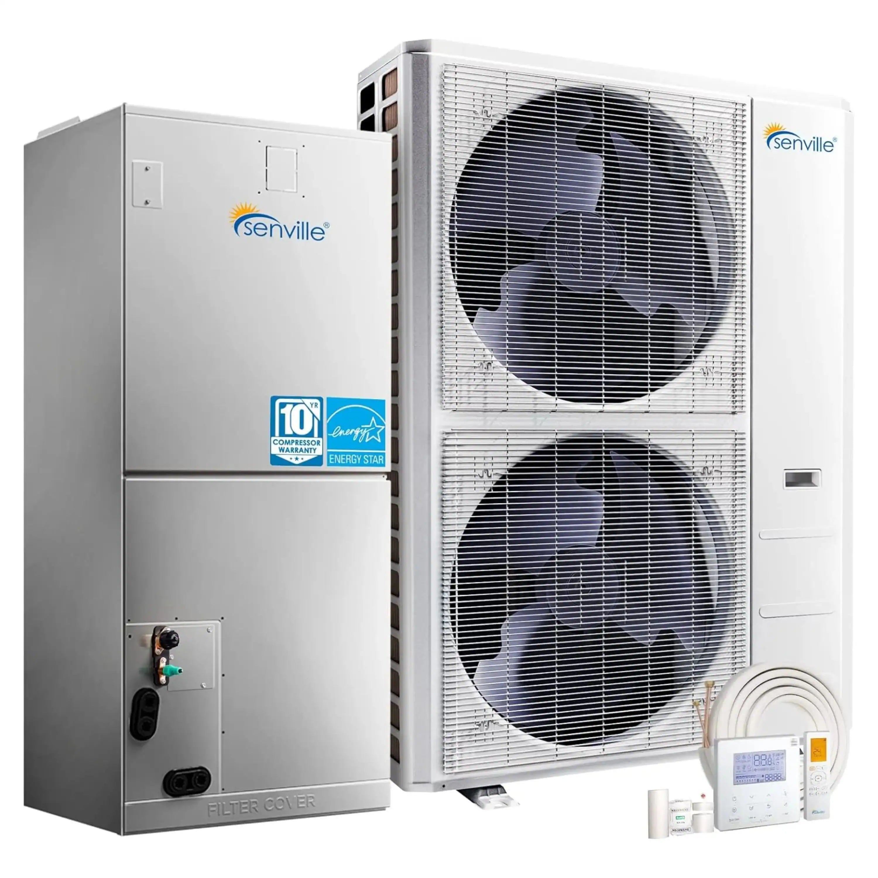 Senville split HVAC heat pump system with outdoor unit, indoor unit, and thermostat